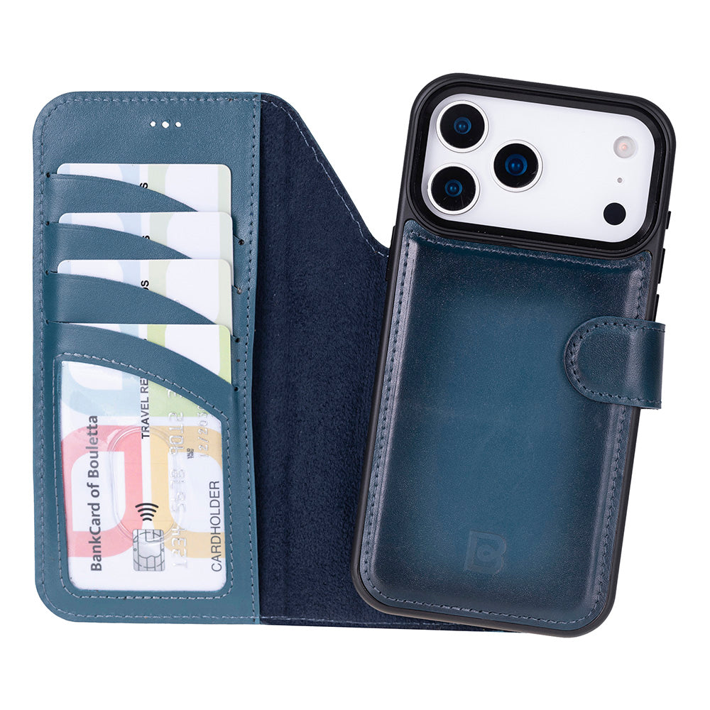 Blue iphone 17 pro max phone case with card slots and phone pocket on a white background