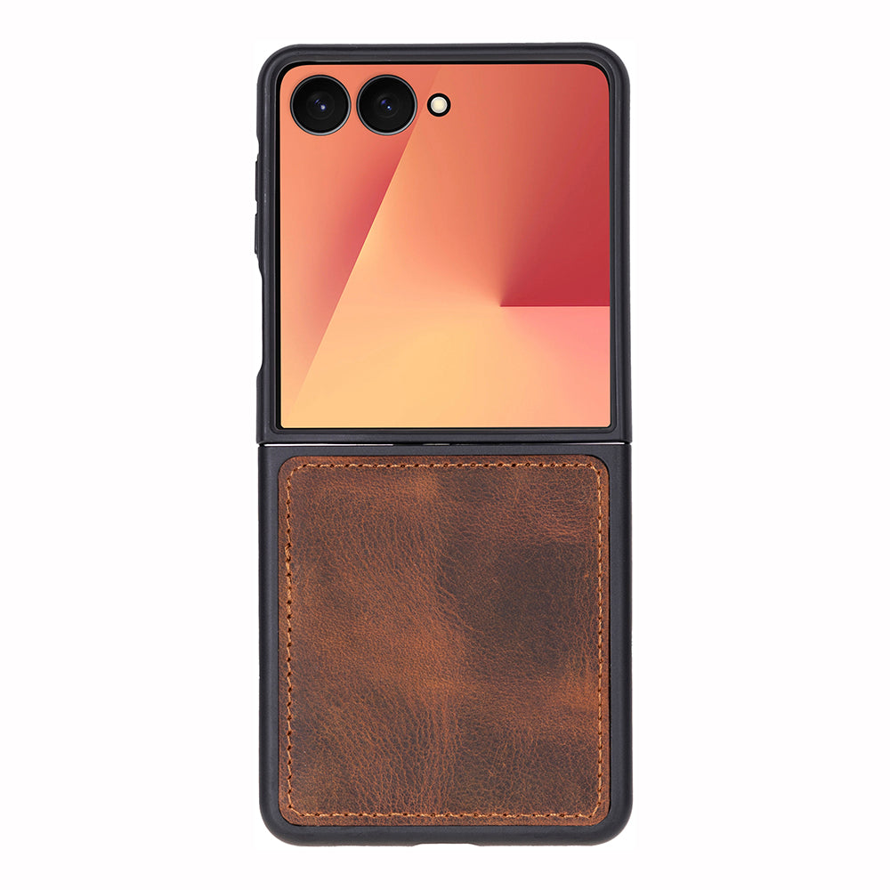 galaxy Z flip Phone case with a brown leather back and black frame on a white background