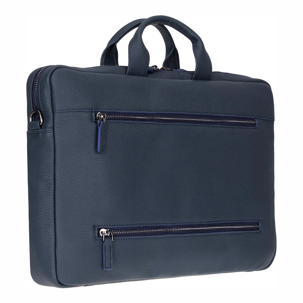 Navy blue leather briefcase with zippers on a white background