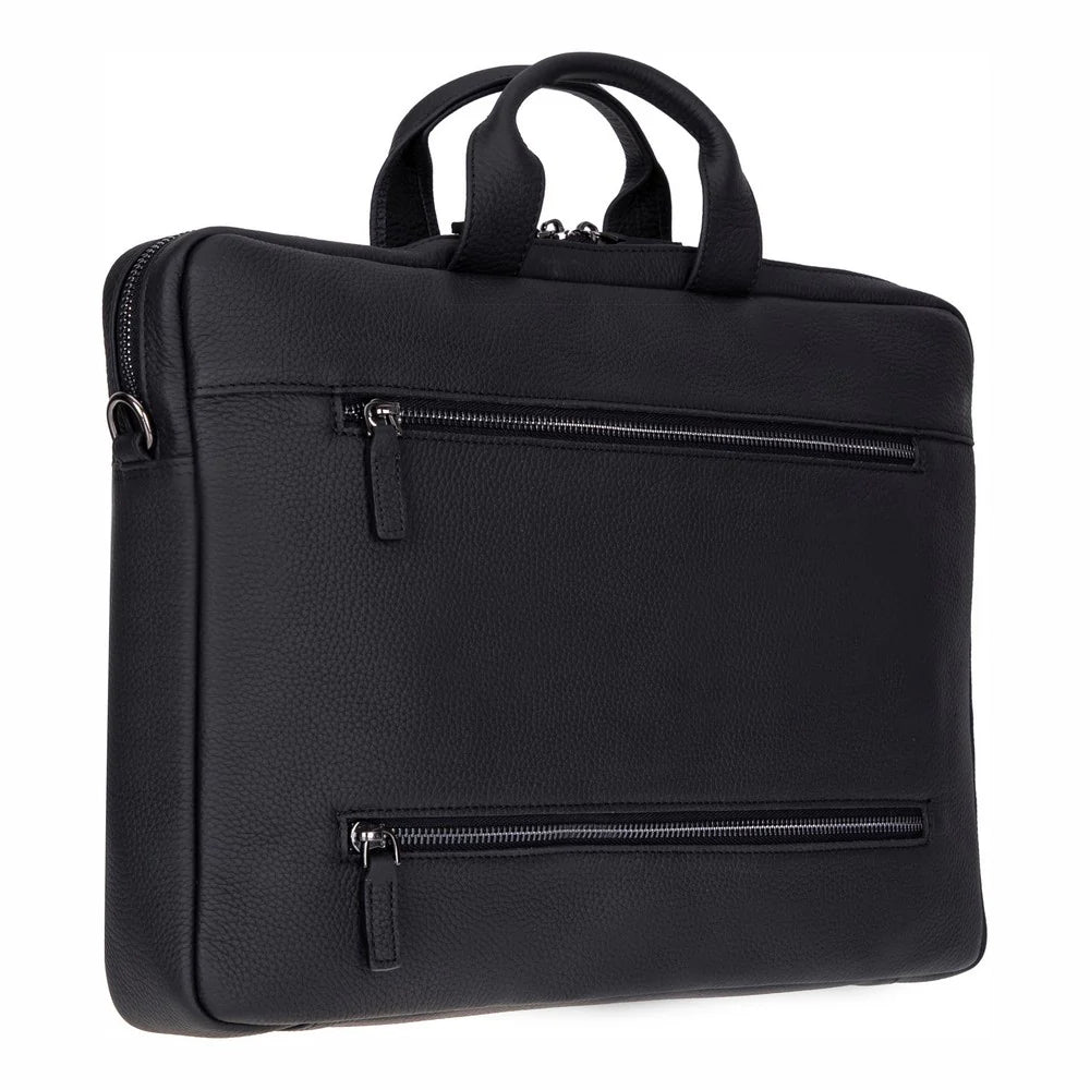 Black leather briefcase with zippers on a white background