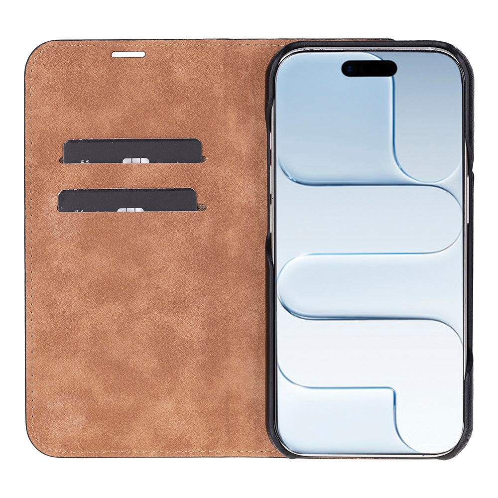 Brown iphone 17 air case with card slots on a white background