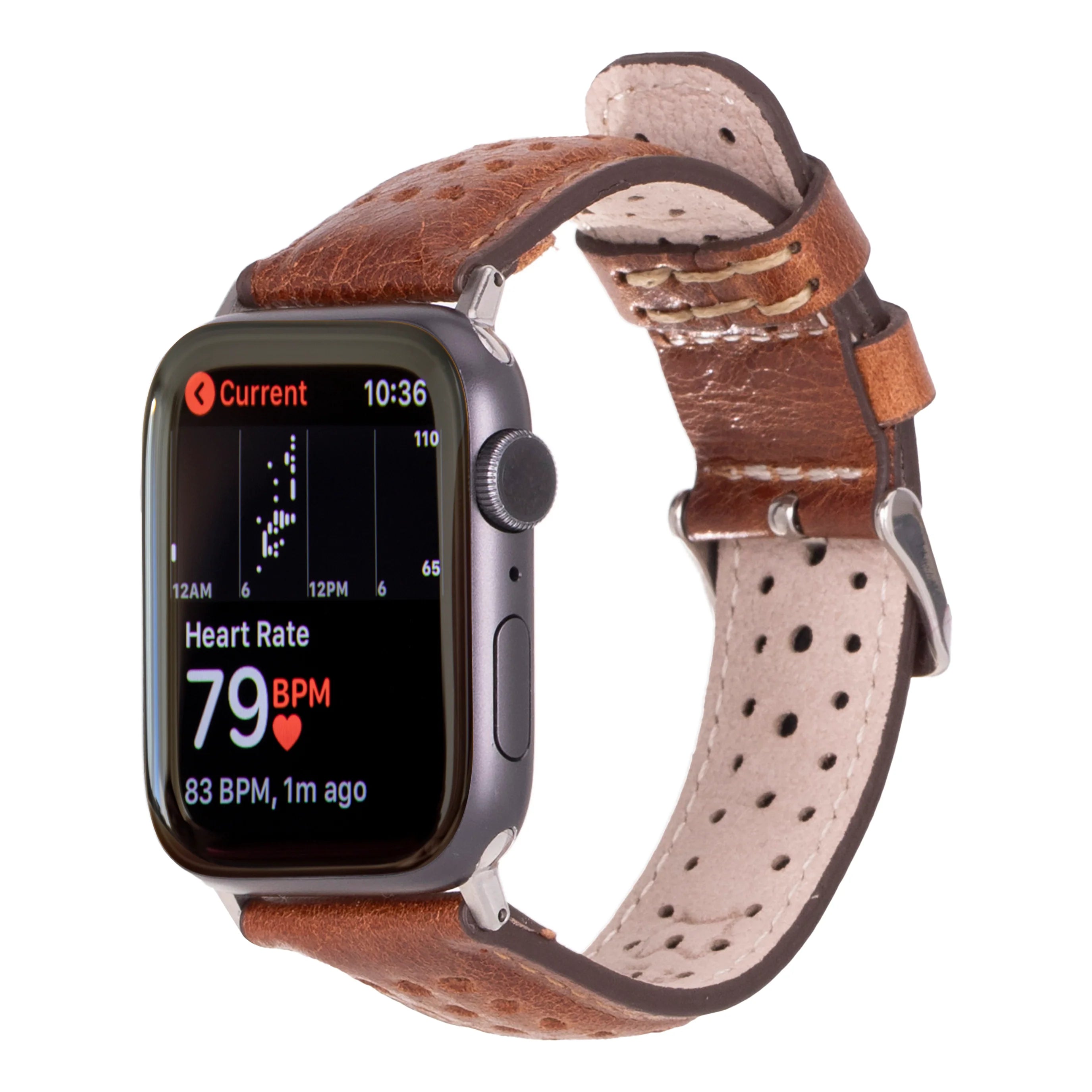 Smartwatch with a brown leather strap on a white background