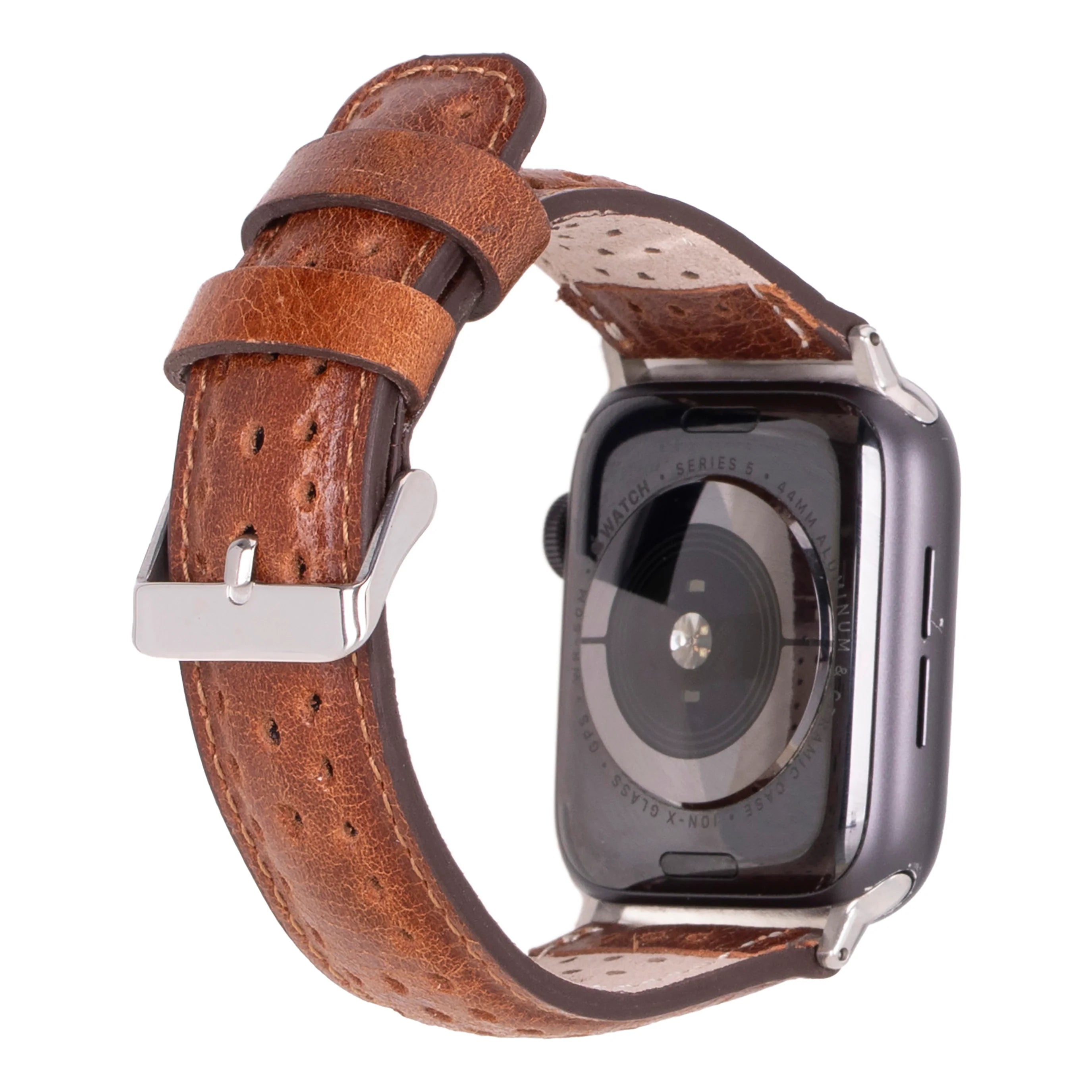 Smartwatch with a brown leather strap on a white background