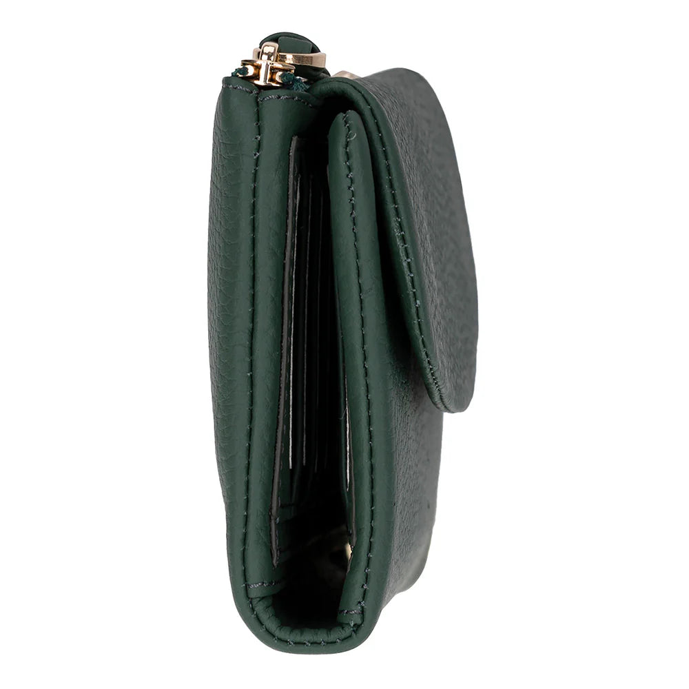 Green leather wallet with a gold zipper on a white background