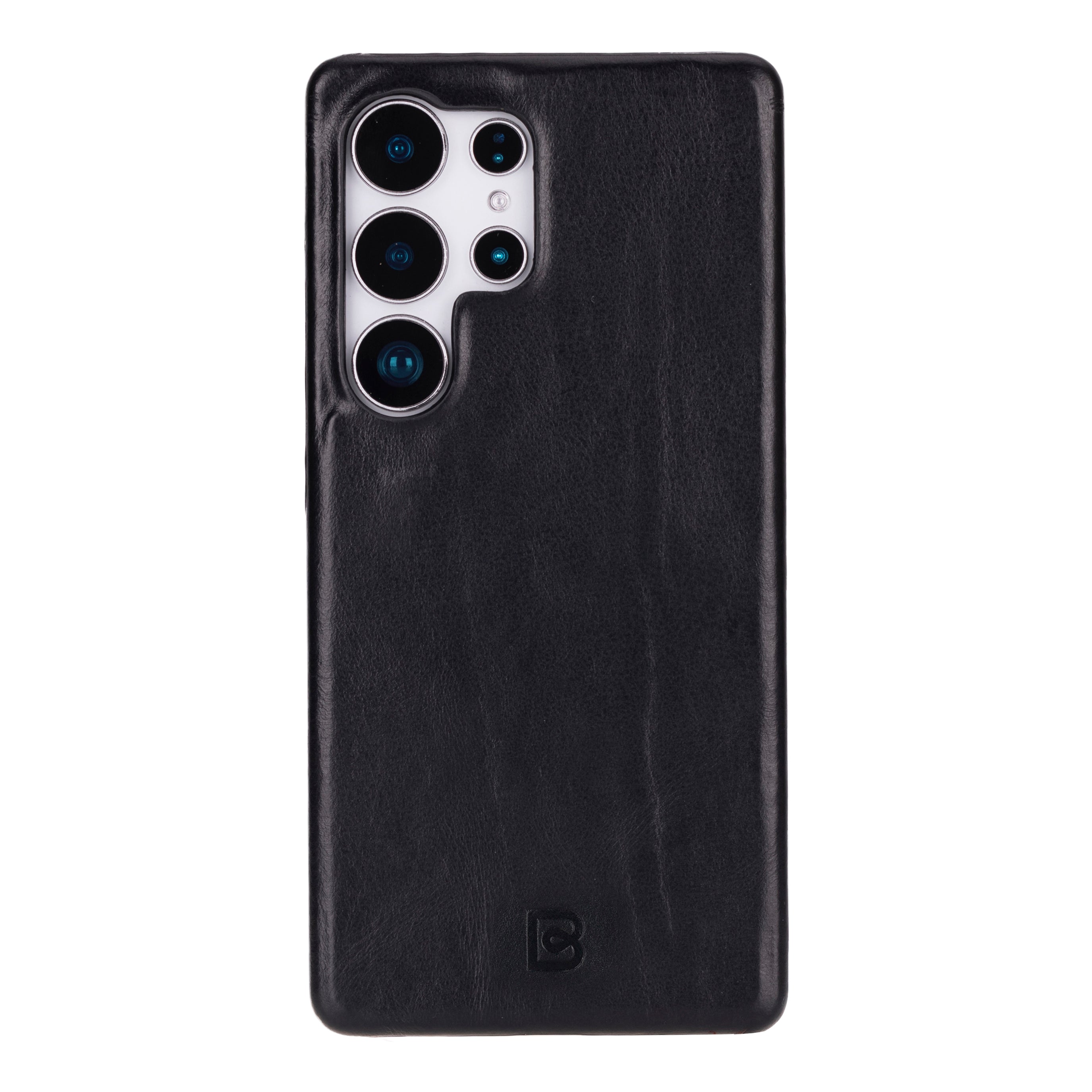 Black leather back case for Samsung Galaxy S25 Ultra with camera cutouts.