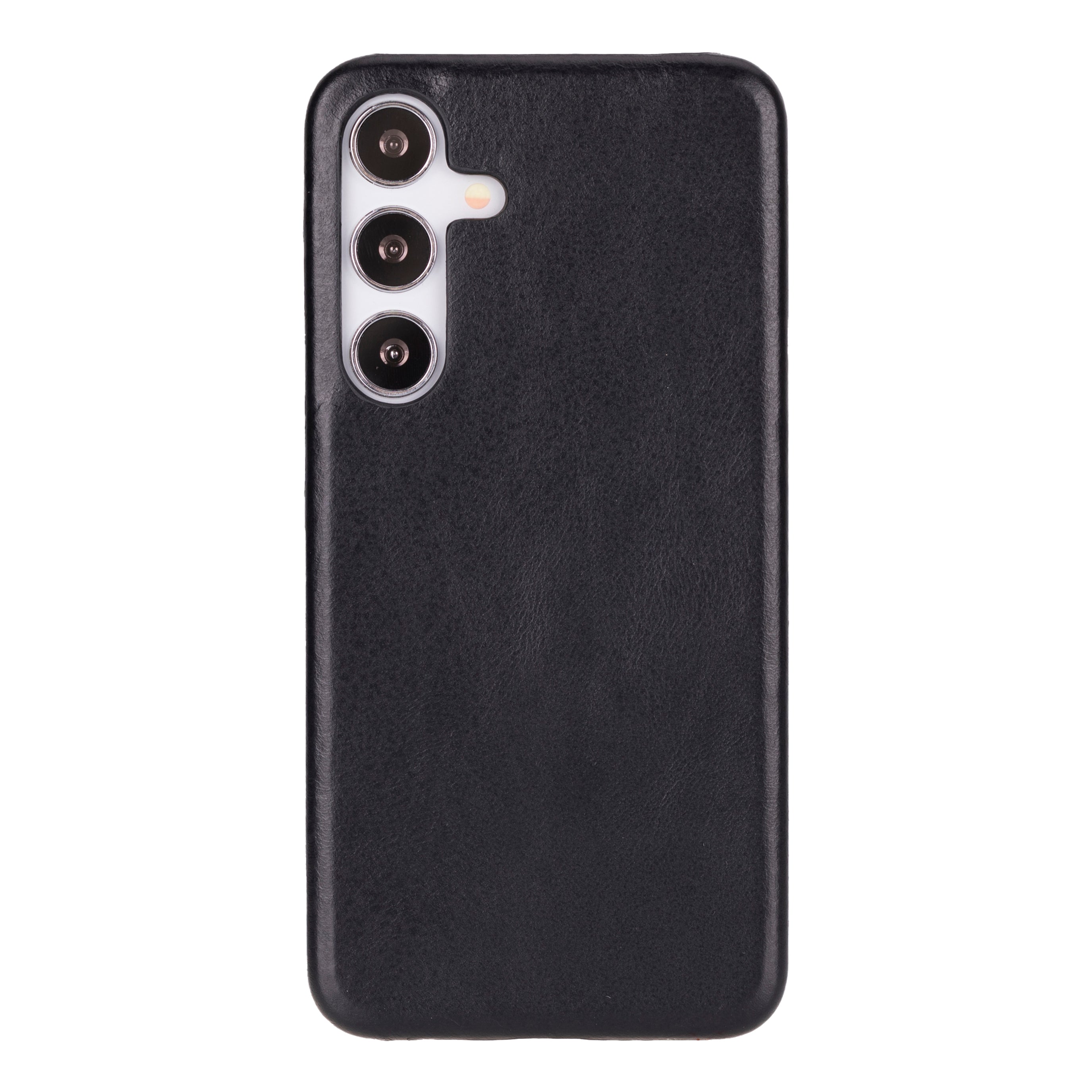Black leather back case for Samsung Galaxy S25 Plus with camera cutouts.