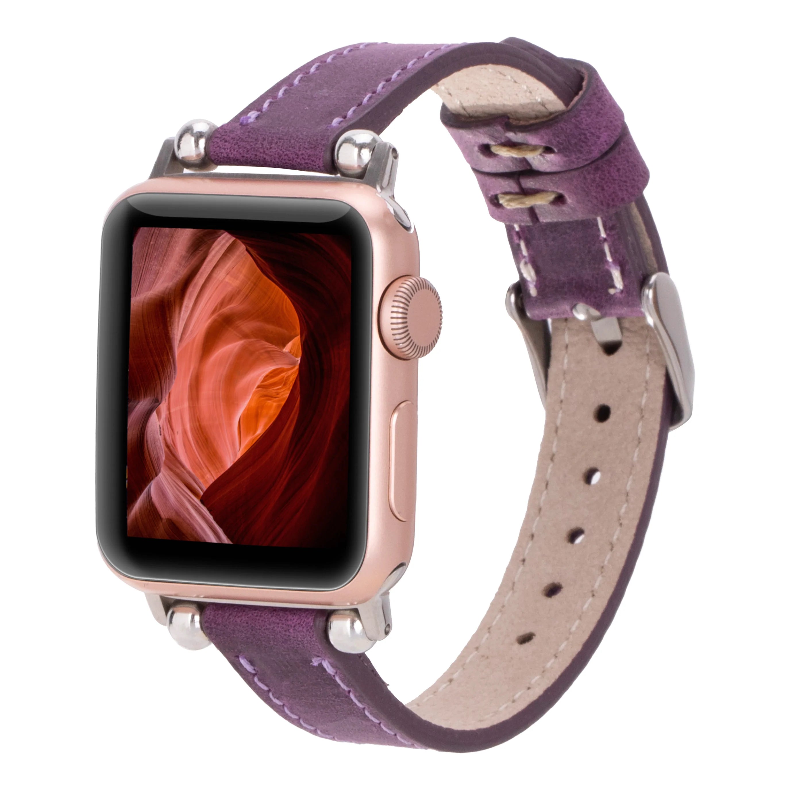Smartwatch with a purple leather strap on a white background