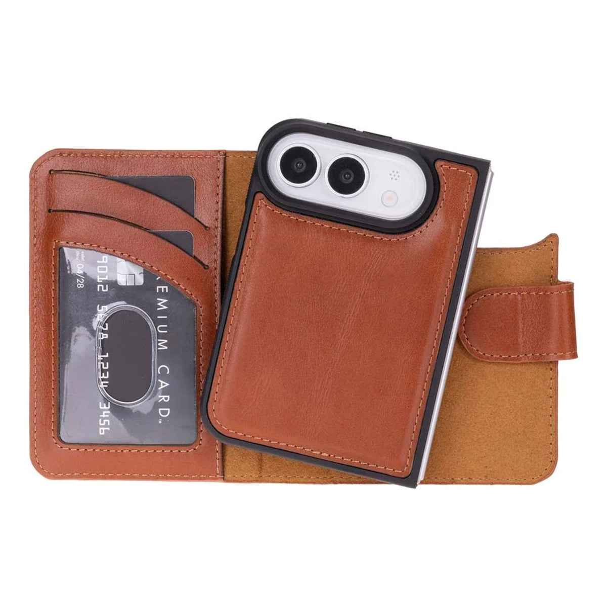 A brown leather wallet phone case for iphone 18 duo shown open on a white background, with a smartphone inserted. The case includes card slots on the left and a strap closure on the right.