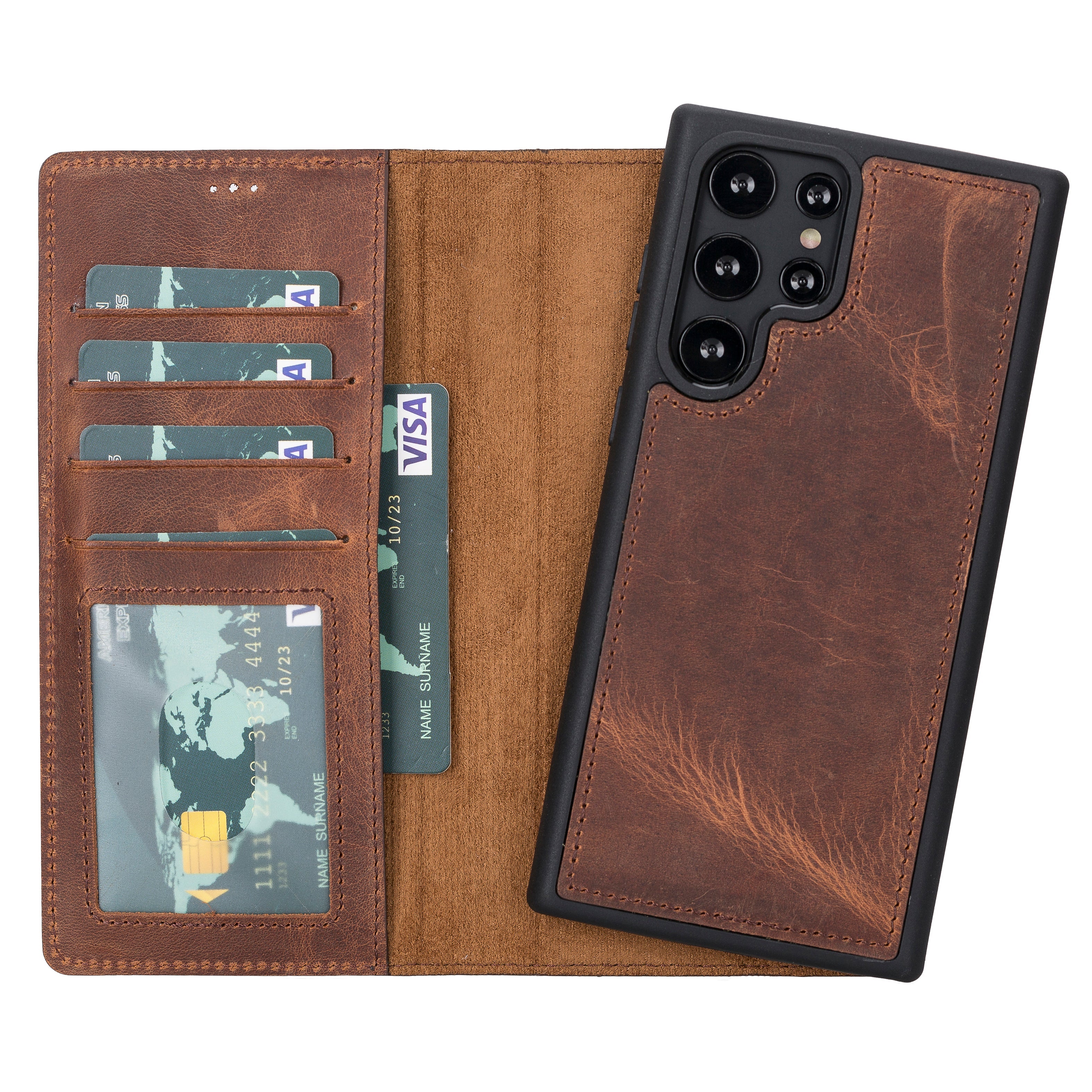 Brown leather phone case with card slots and phone back view on a white background