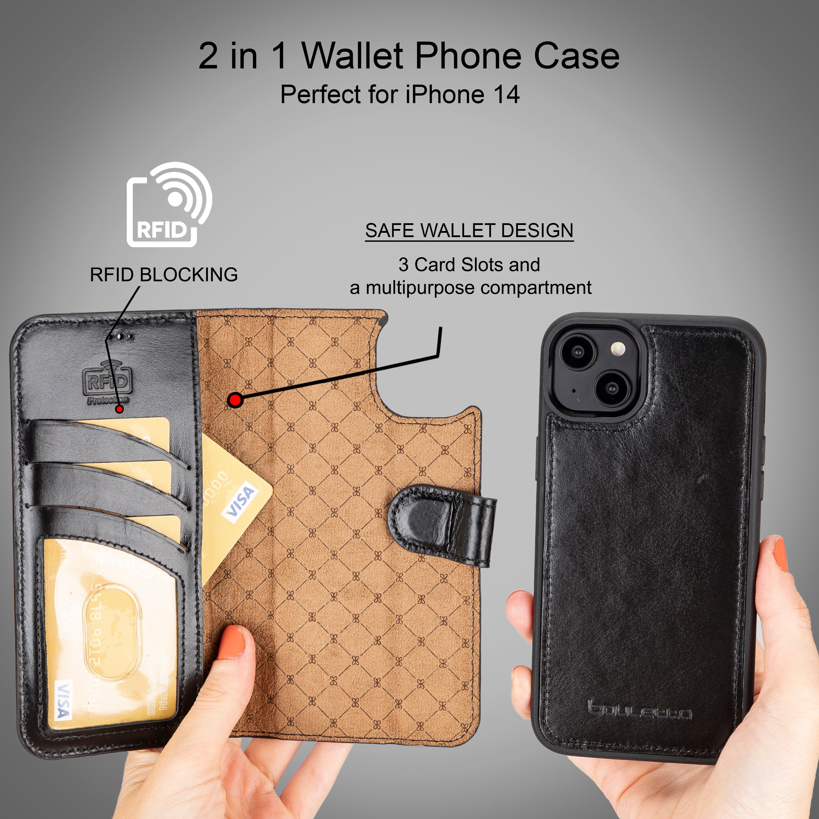 Étui portefeuille amovible en cuir véritable pour iPhone 14 Pro Max (6,7")