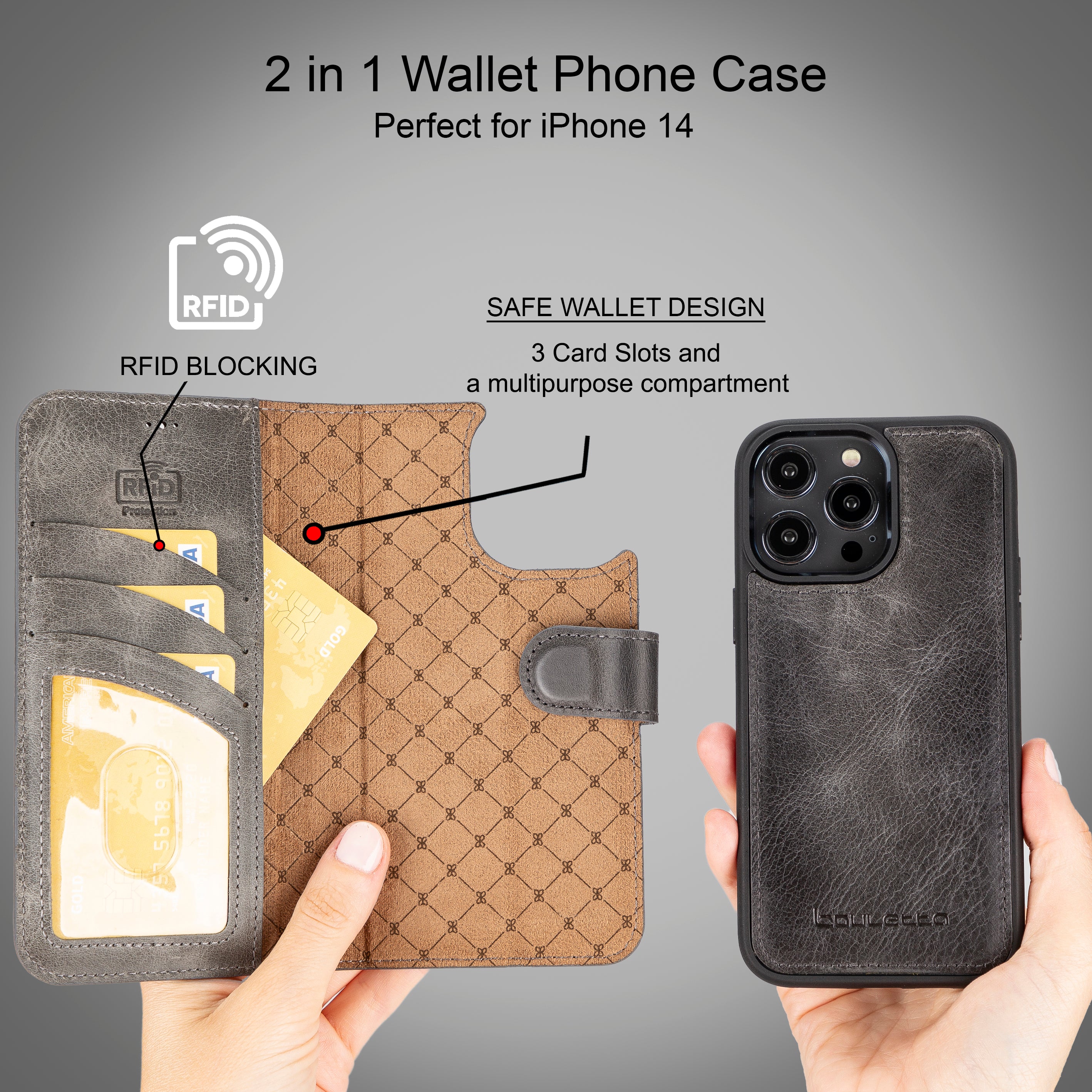 Étui portefeuille amovible en cuir véritable pour iPhone 14 Pro Max (6,7")