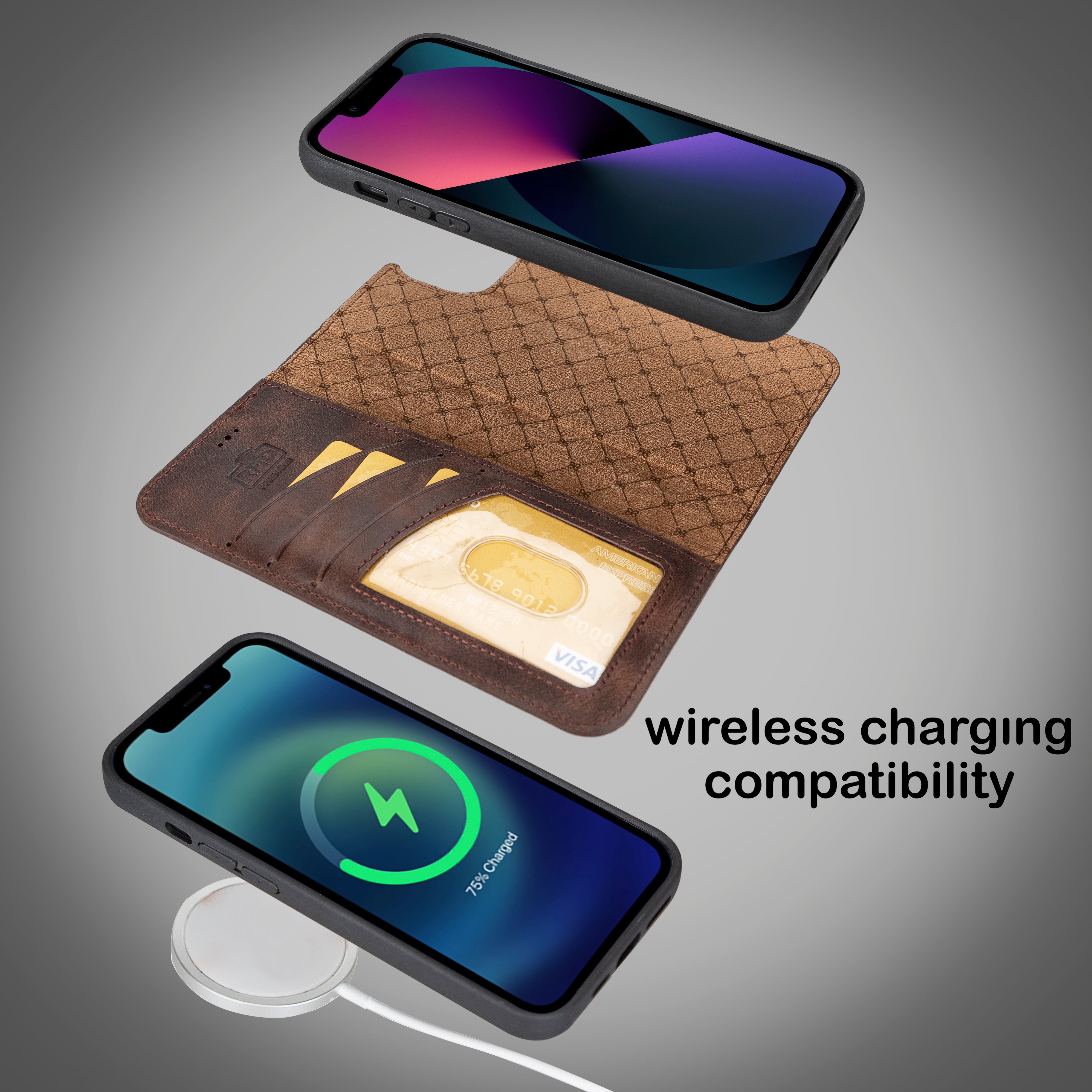 Étui portefeuille amovible en cuir véritable pour iPhone 14 Pro Max (6,7")