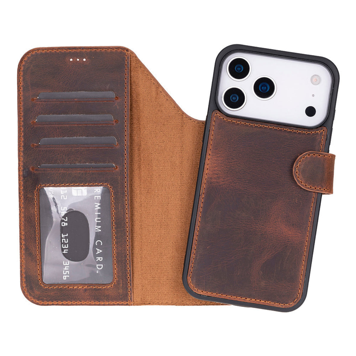 Premium iPhone 17 Pro Max leather case with RFID protection and card slots