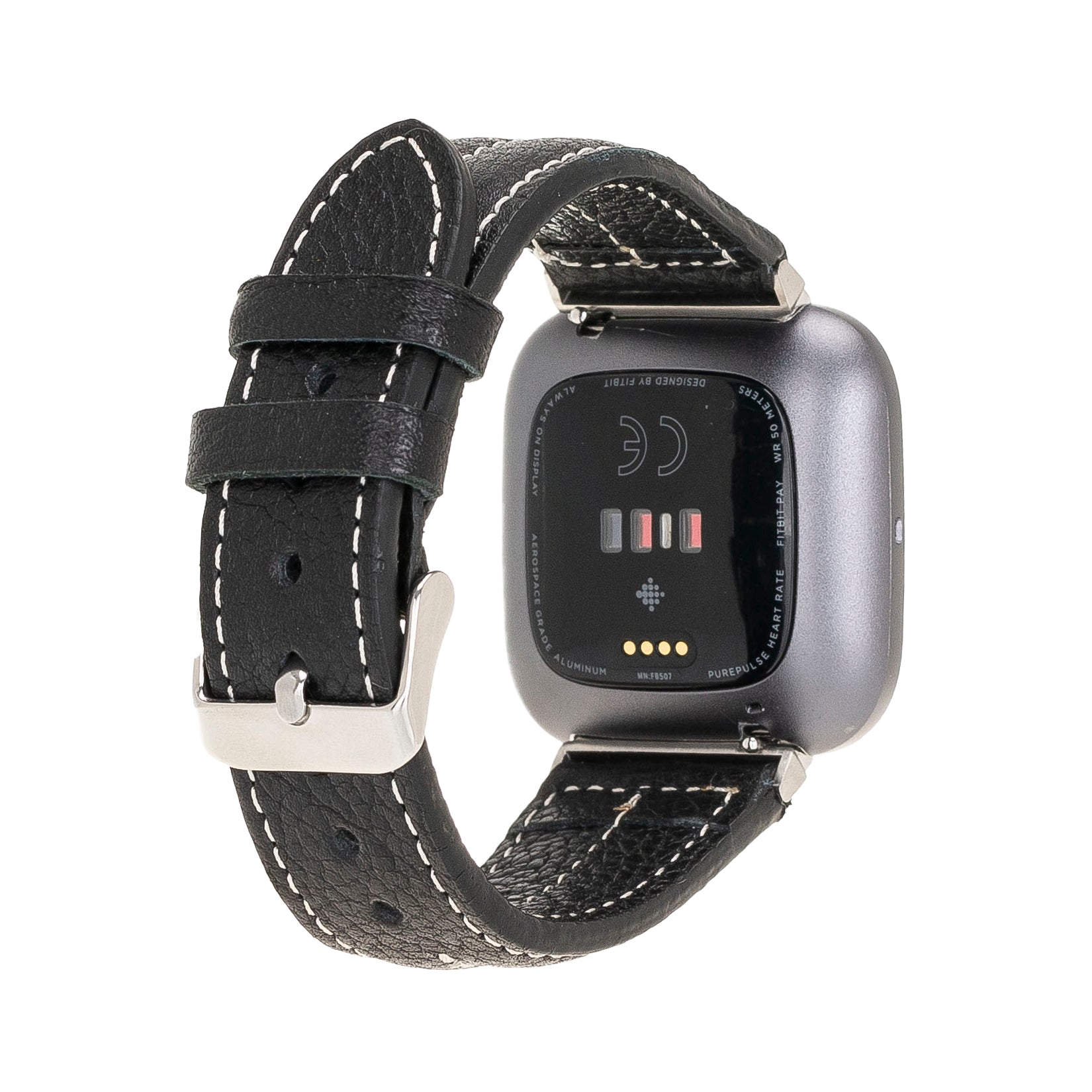 Smartwatch with a black leather strap on a white background