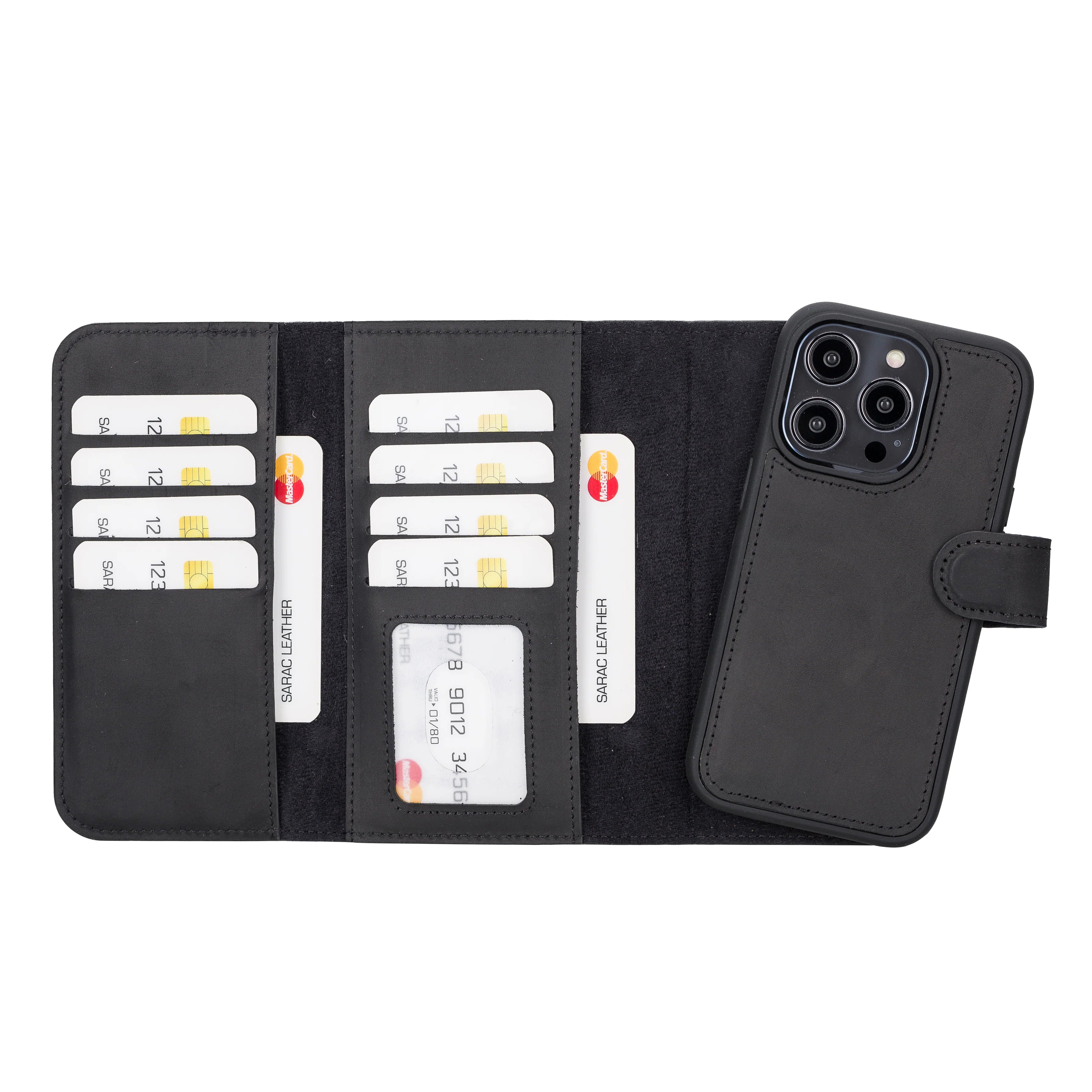 Black iphone 16 pro max case with card slots and phone holder on a white background