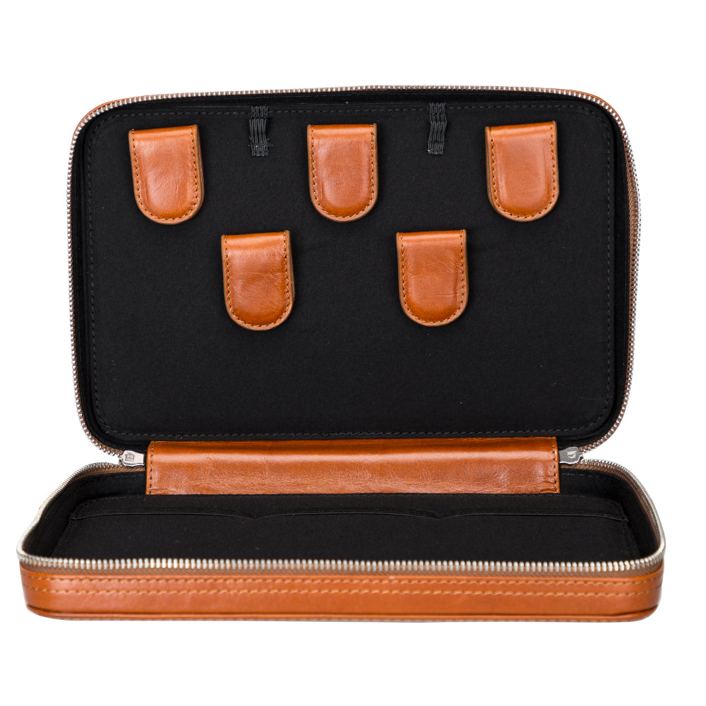Brown leather case with black interior and four brown leather flaps on a white background