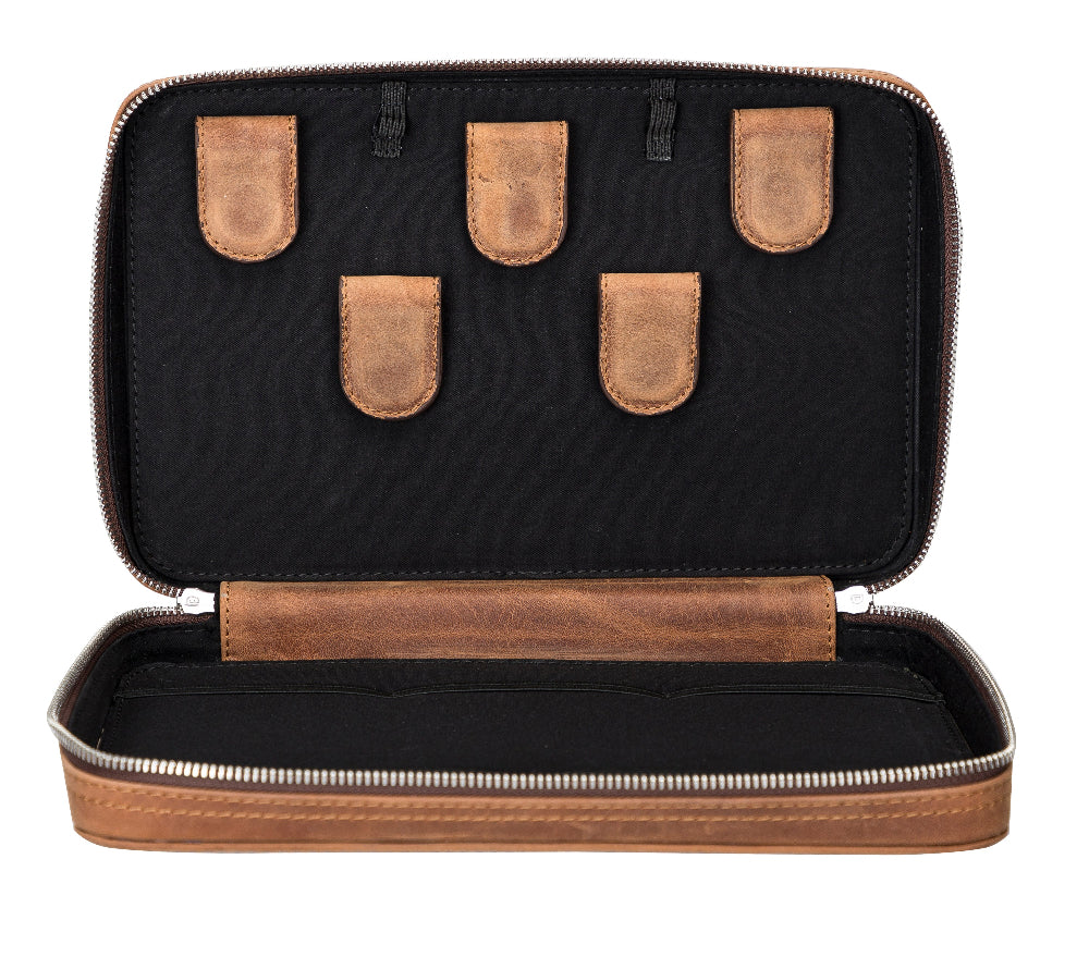 Open leather case with brown interior and black exterior, featuring five brown leather flaps.