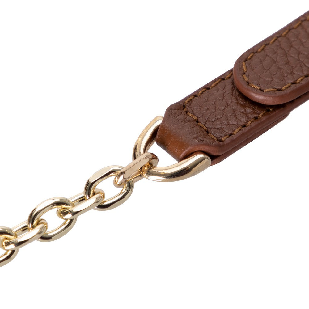 Brown leather strap with gold chain on a white background