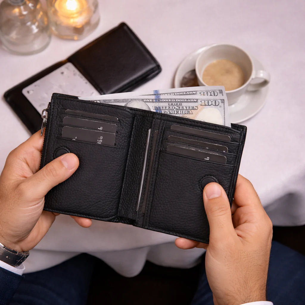 Person holding a black wallet with money and cards, with a cup of coffee and tablet in the background.