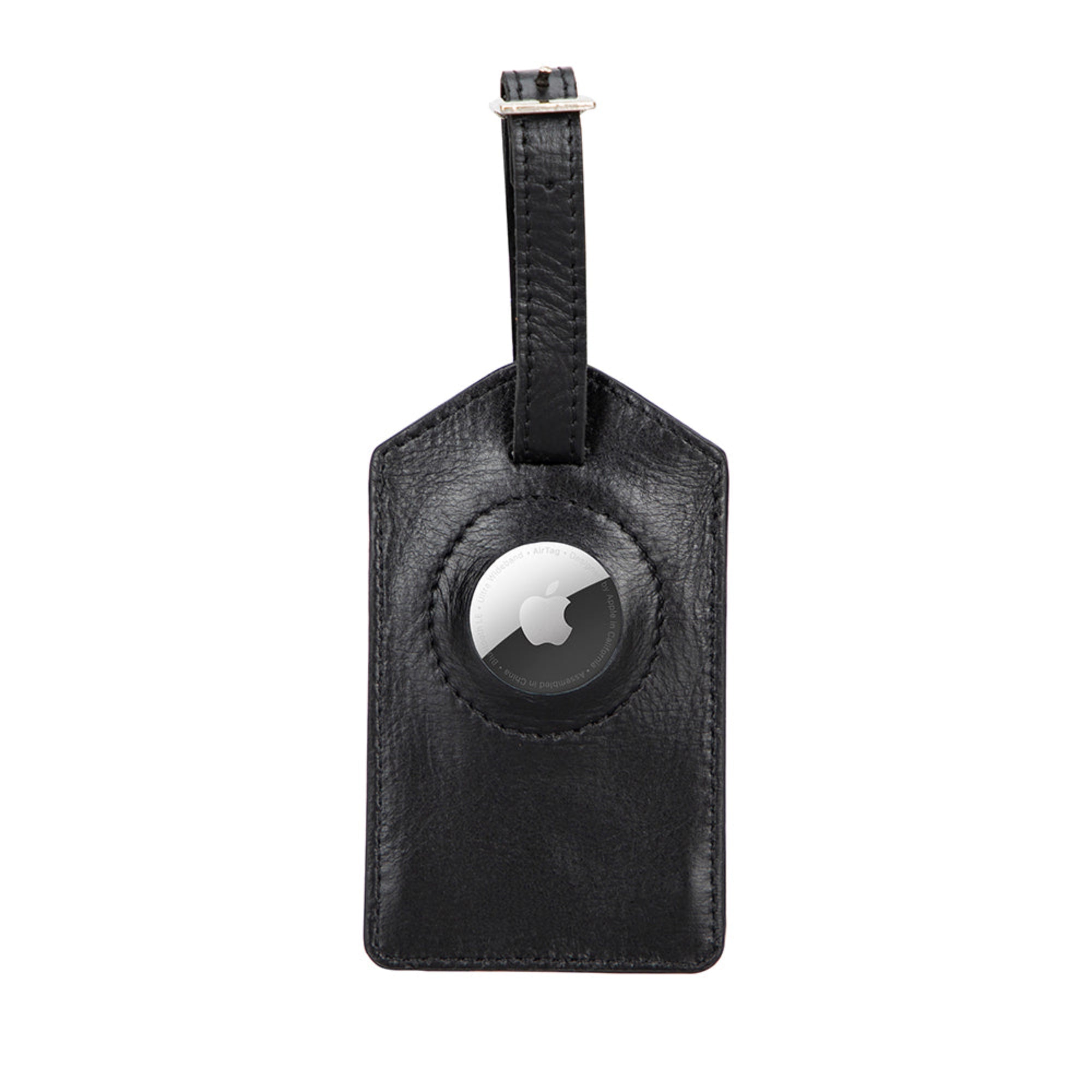 Black leather luggage tag with Apple logo on a white background
