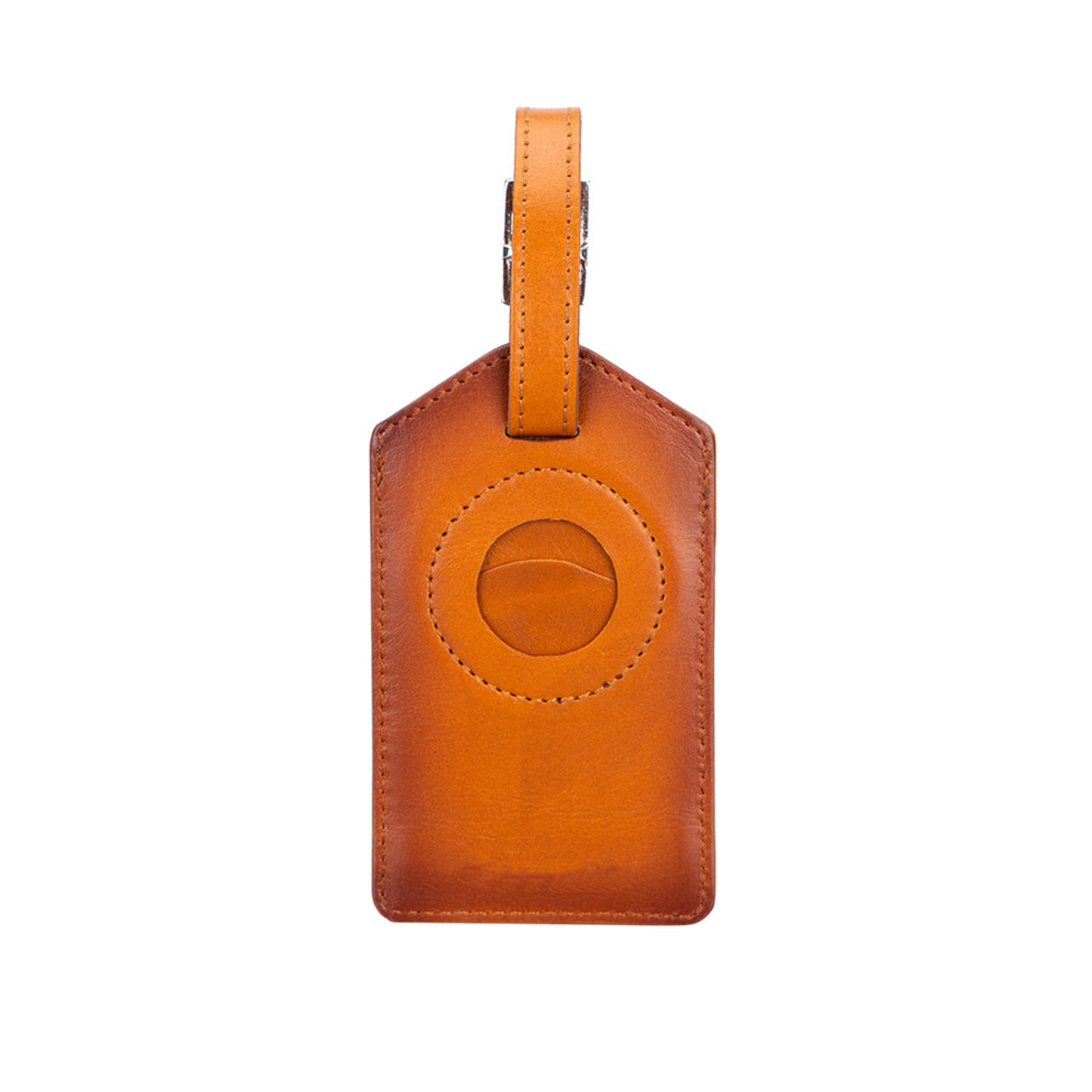 Brown leather luggage tag on a white background