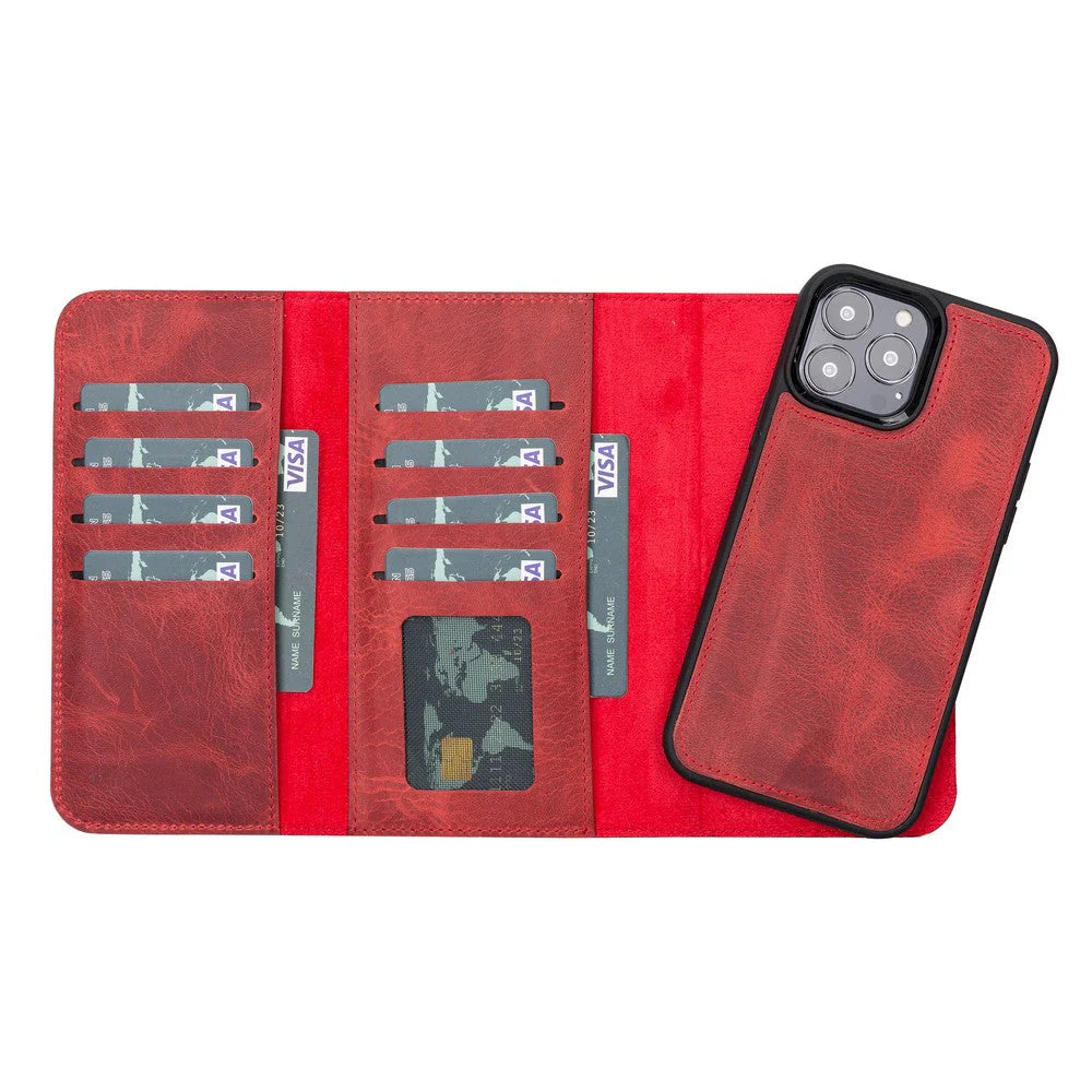 Red wallet with card slots and phone case on a white background