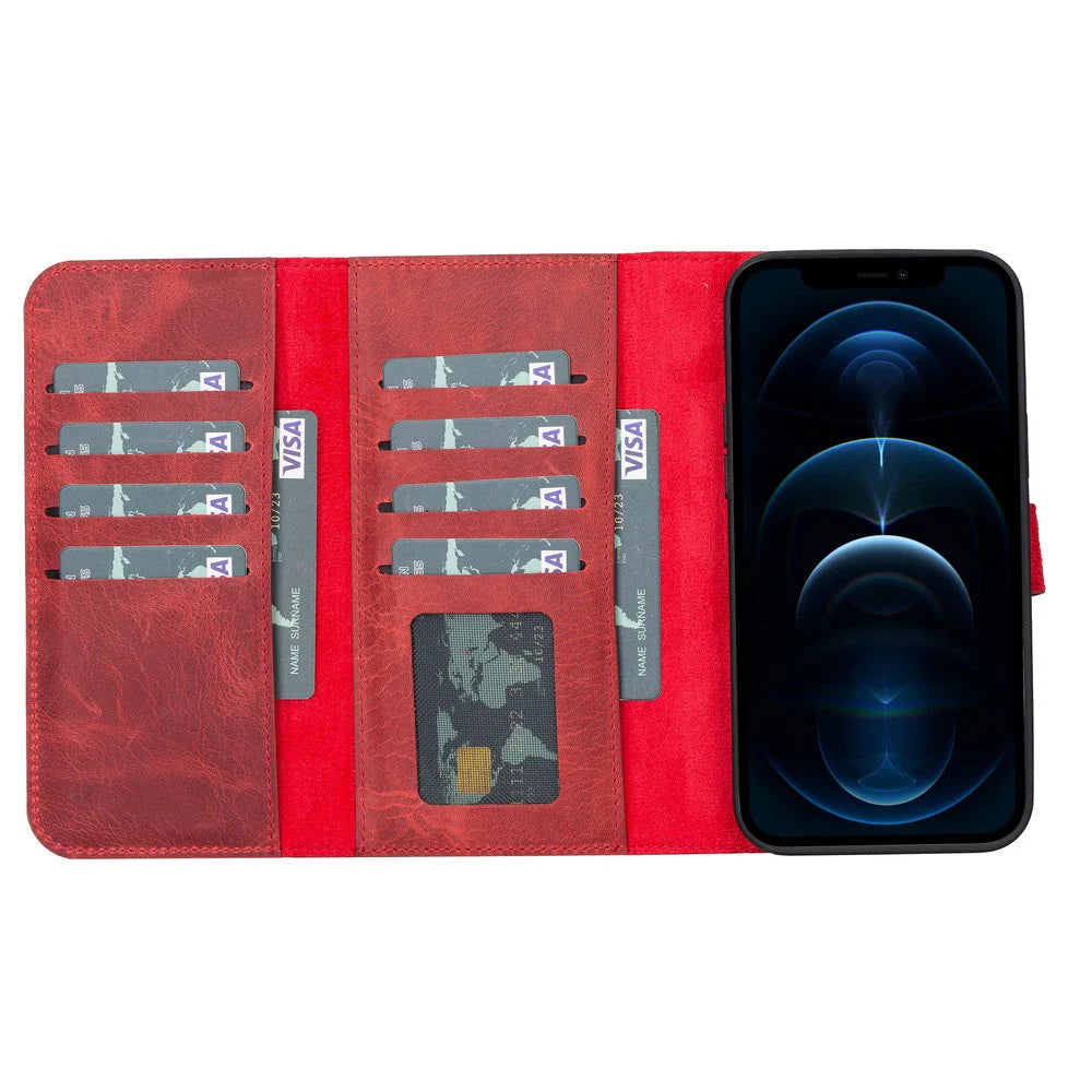 Red phone case with card slots and a smartphone on a white background