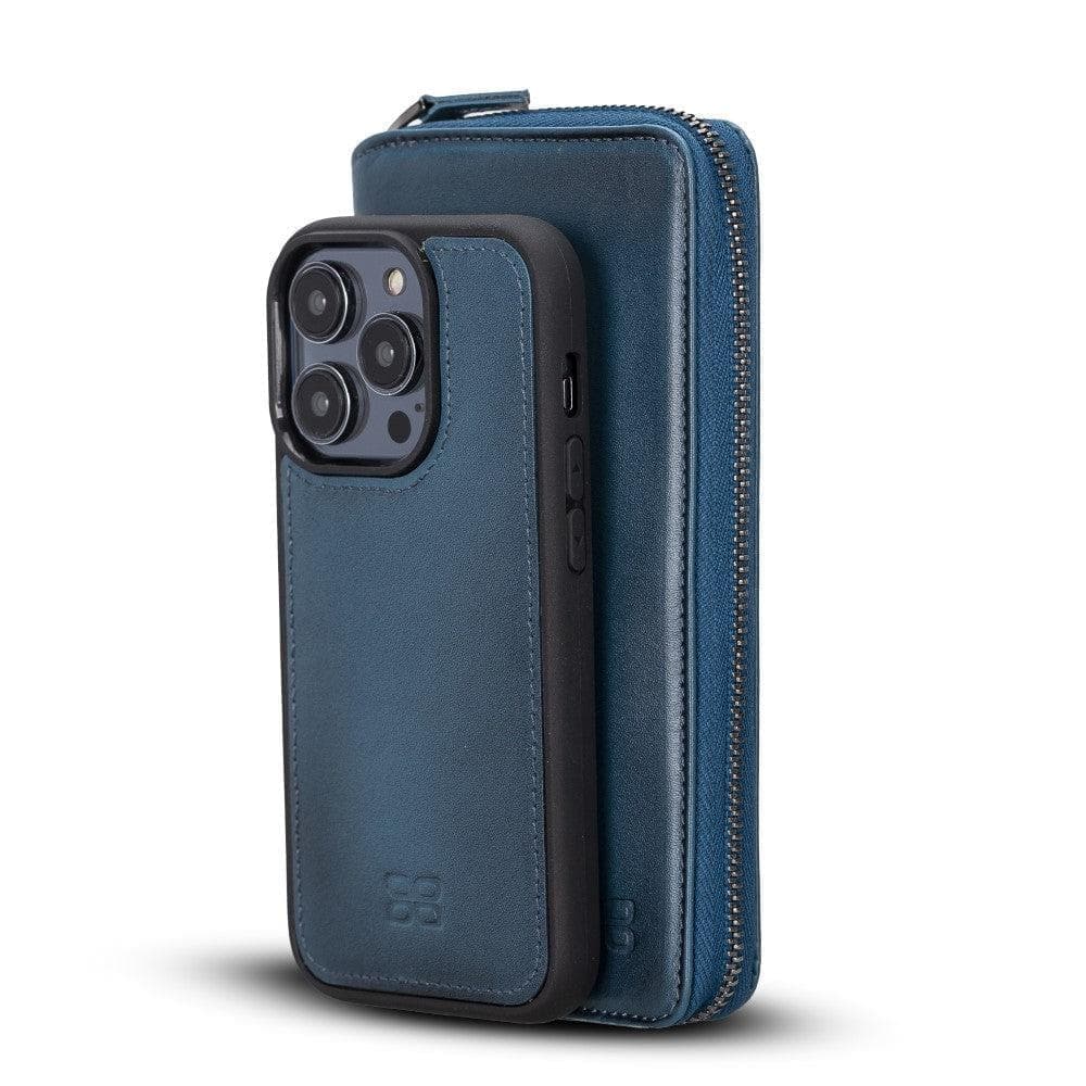 Étui portefeuille amovible en cuir véritable avec fermeture éclair pour iPhone 15 (6,1")