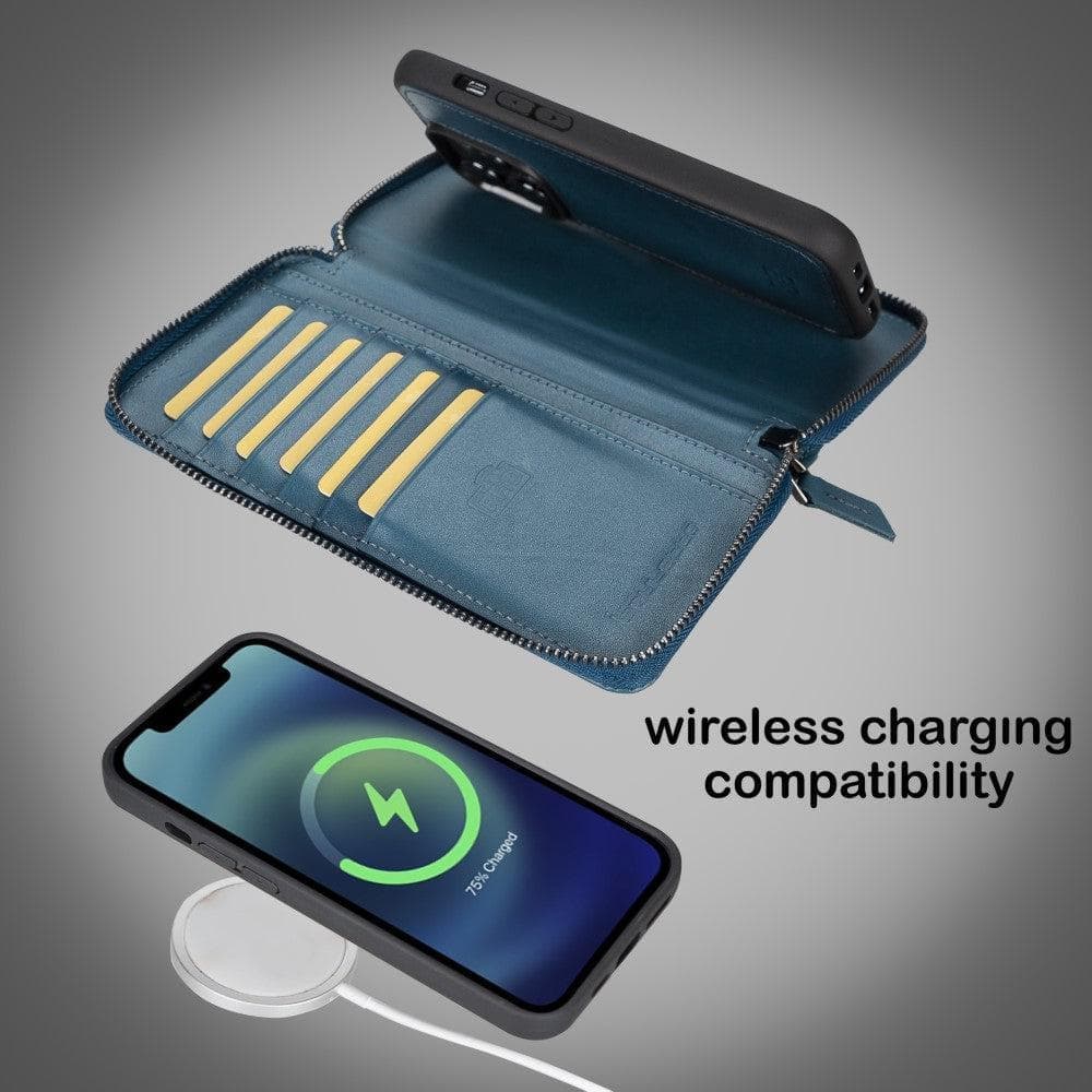 Lyon Étui portefeuille amovible en cuir véritable avec fermeture éclair pour iPhone 15 Pro Max (6.7")