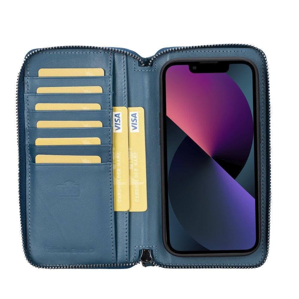 Étui portefeuille amovible en cuir véritable avec fermeture éclair pour iPhone 15 (6,1")