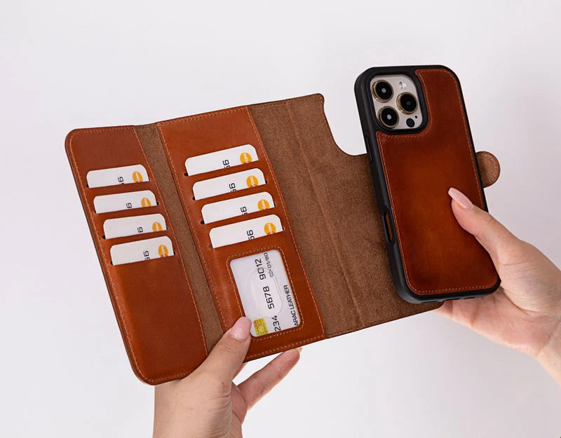 Brown leather phone case with card slots and a phone held inside on a white background