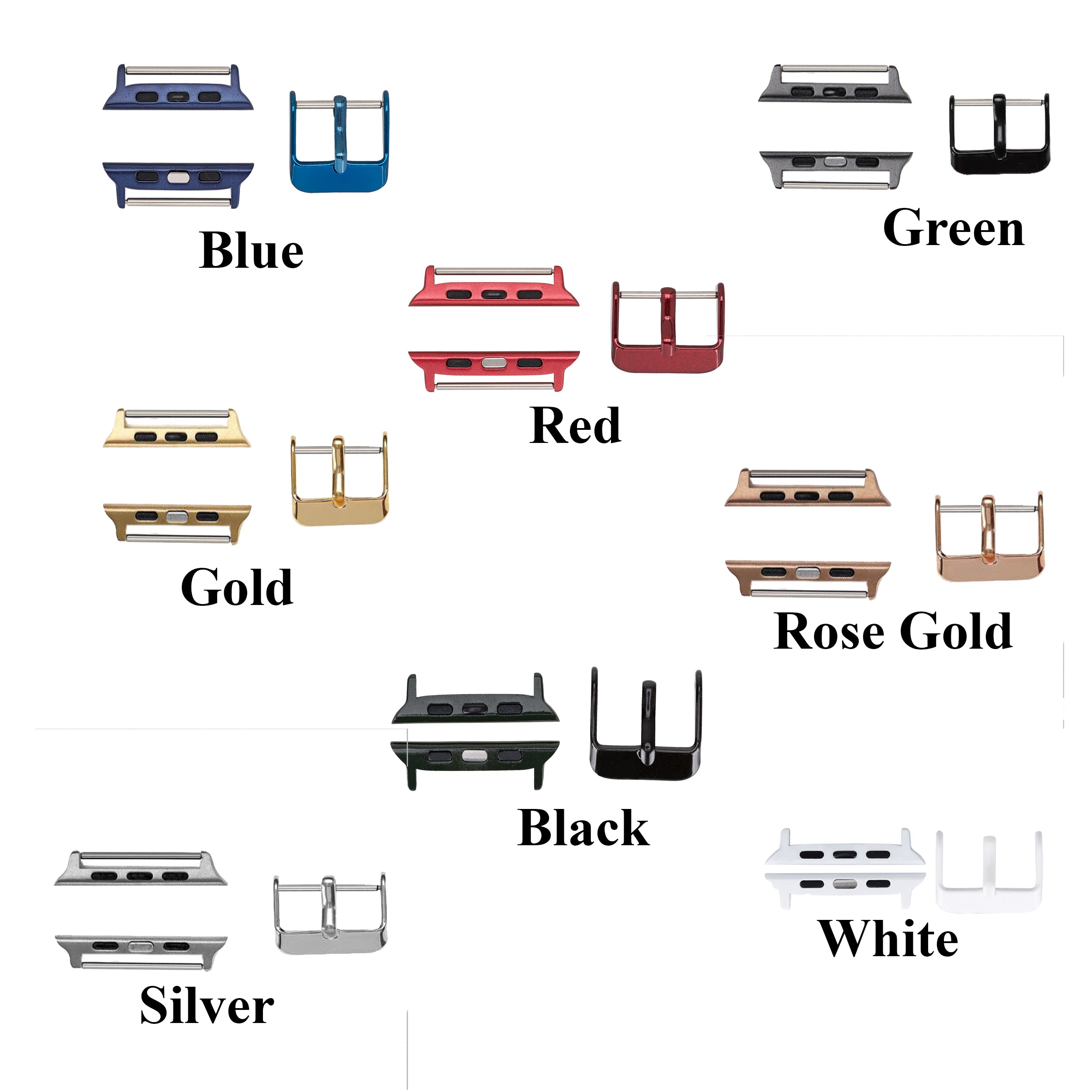 Various color options for a adaptor&buckla appliance on a white background