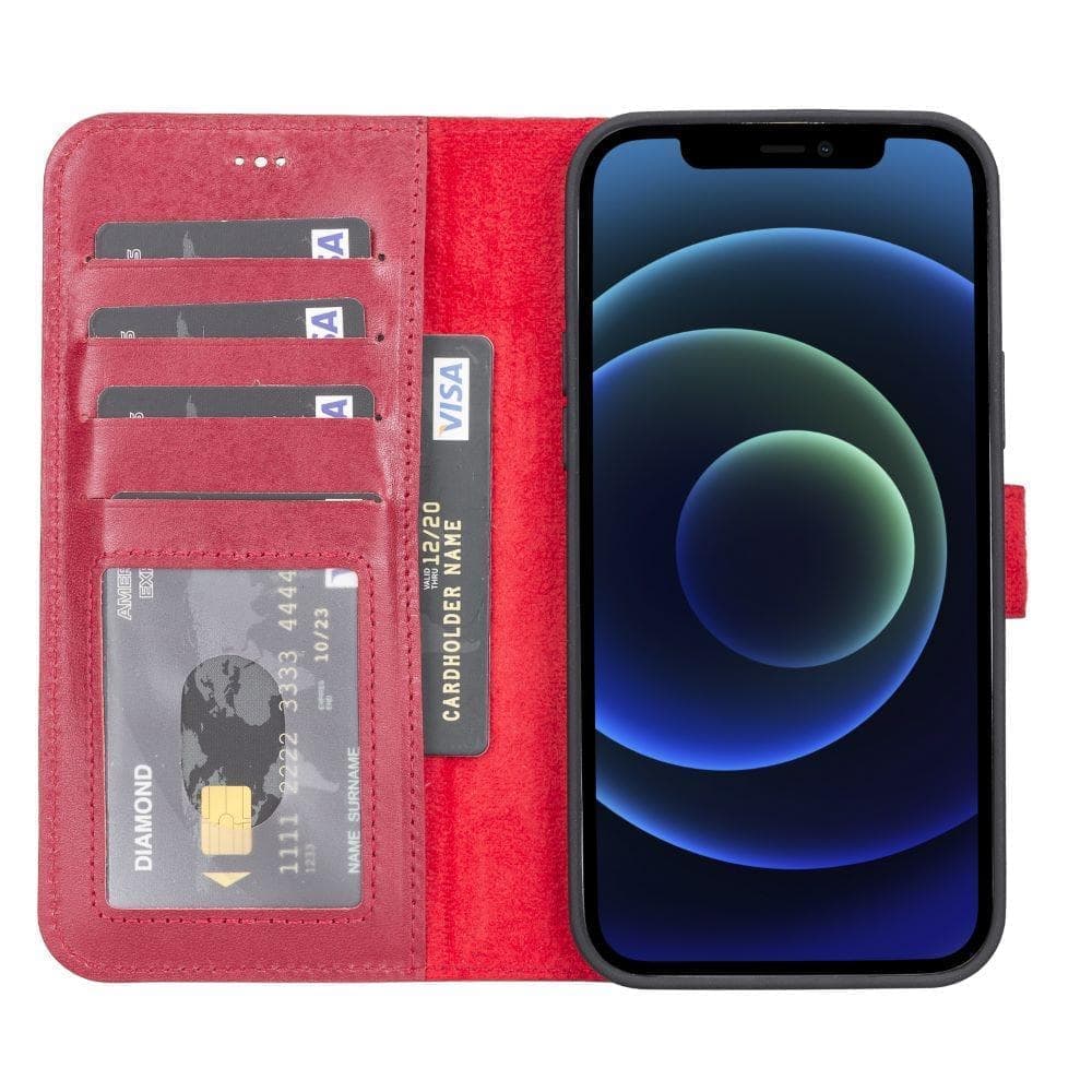 Red phone case with card slots and a smartphone displaying a blue screen.