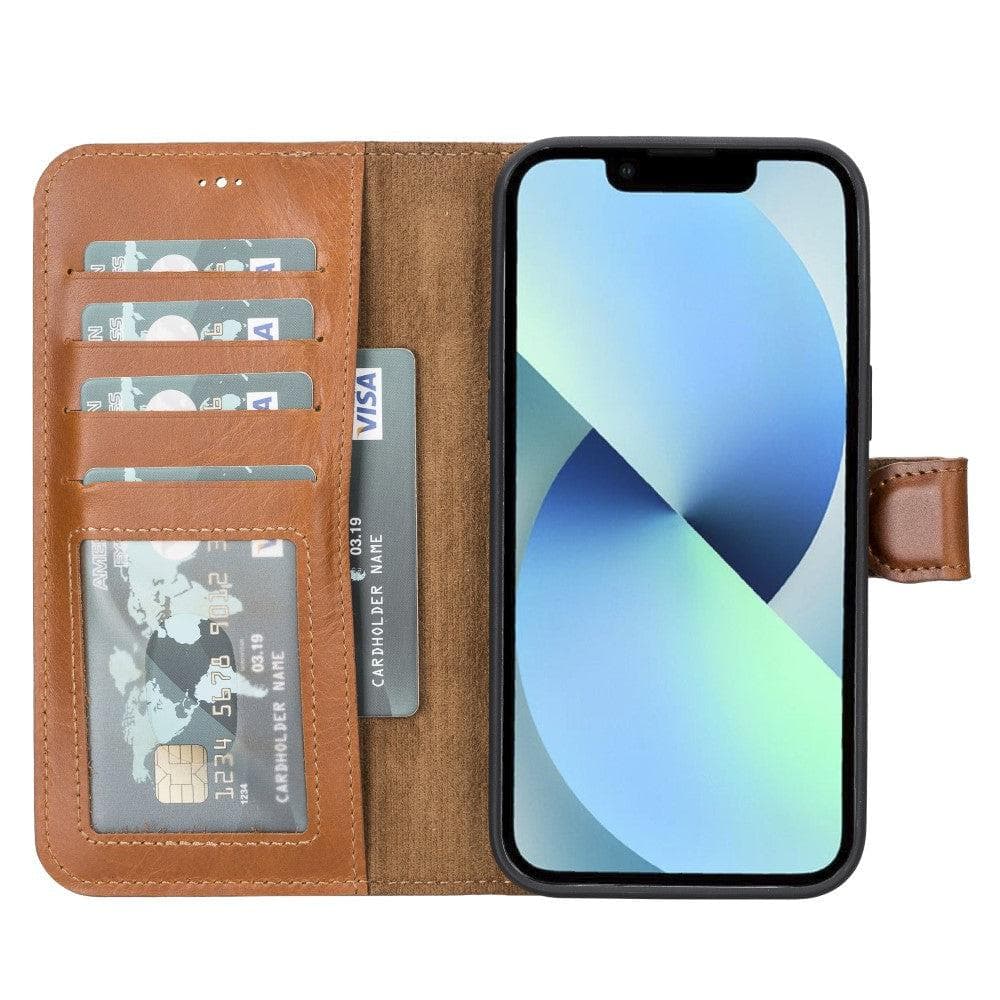 Brown phone wallet case with card slots and a phone inside on a white background