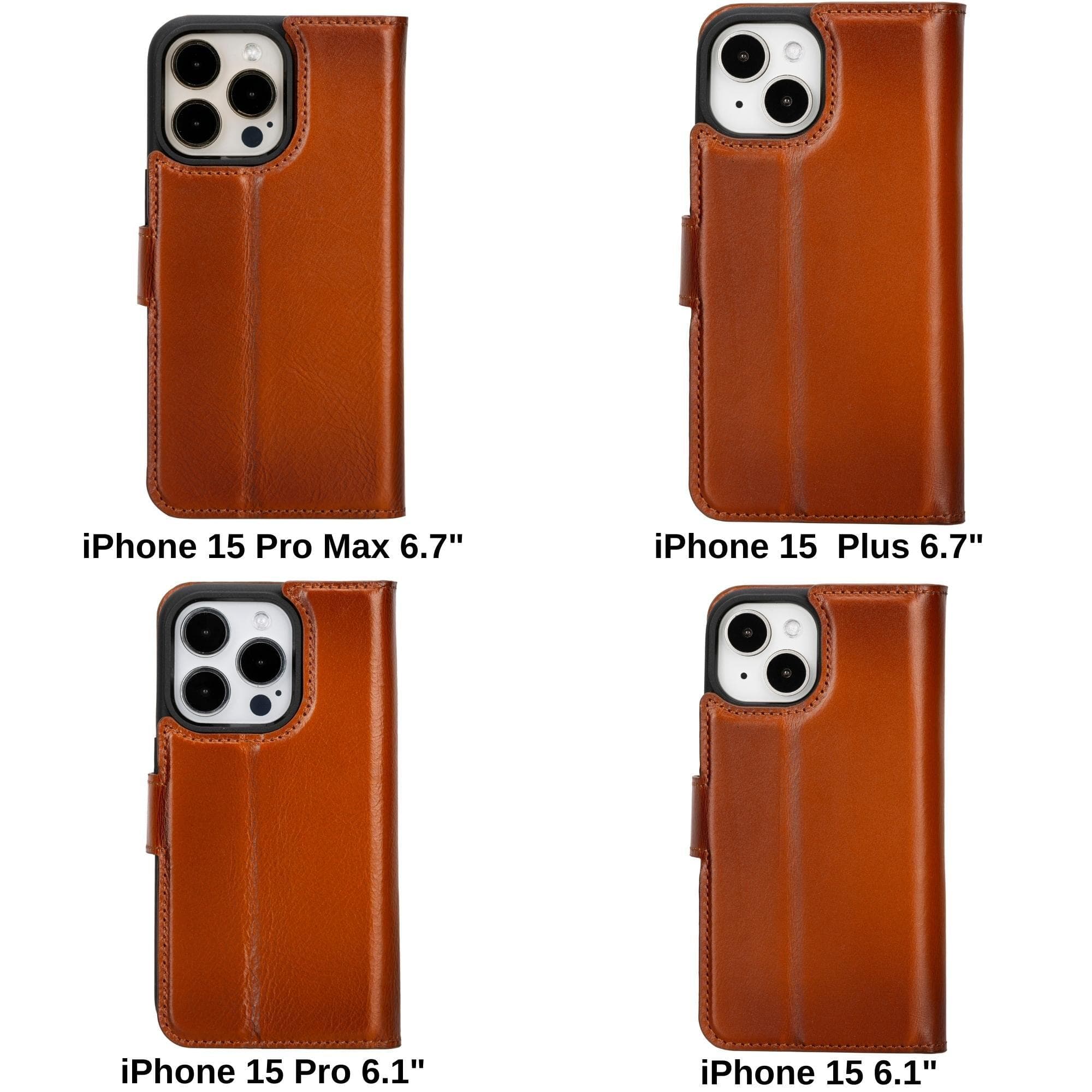 Brown phone case comparison for iPhone models on a white background