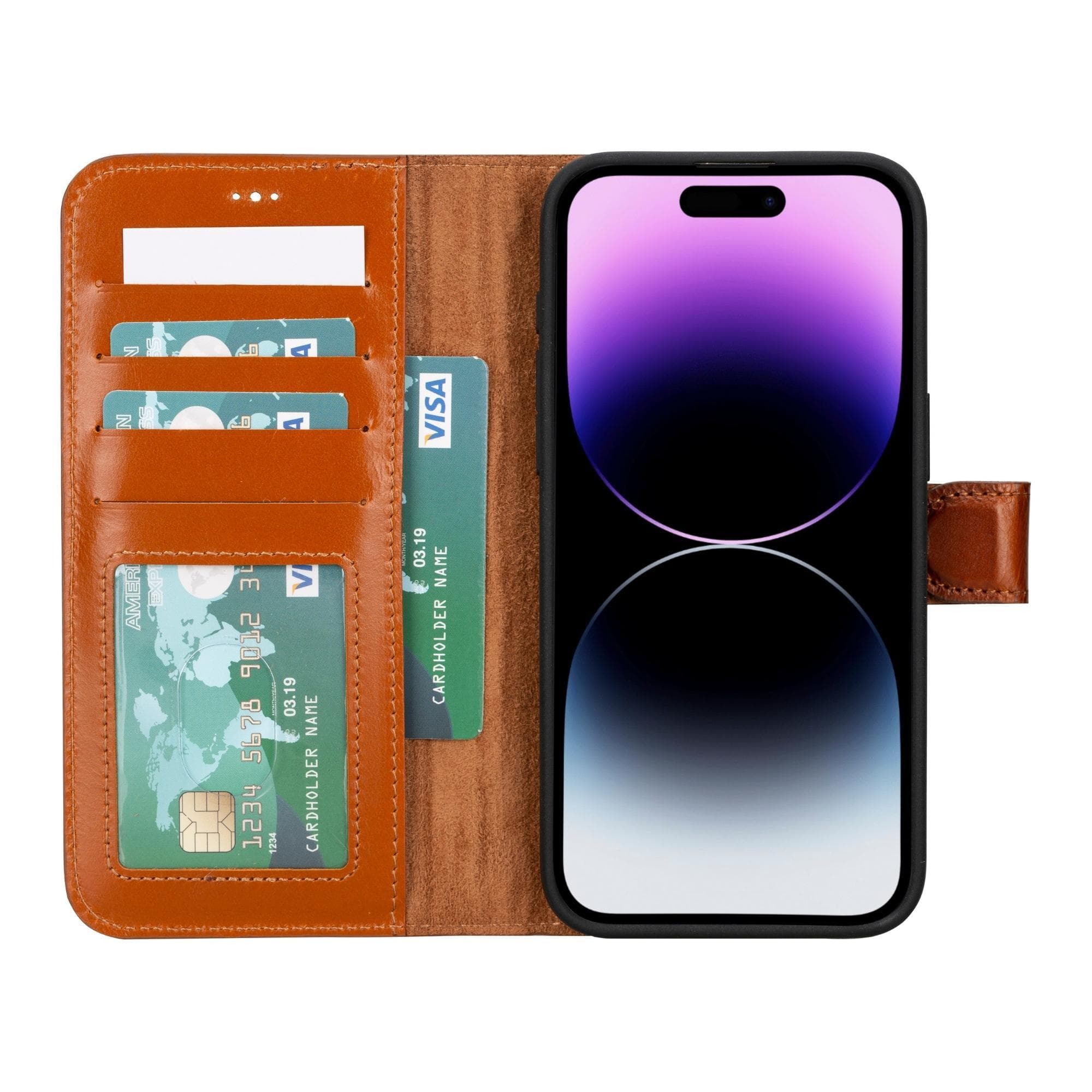 Magnem detachable leather wallet case for iPhone 15 Plus with RFID and MagSafe features