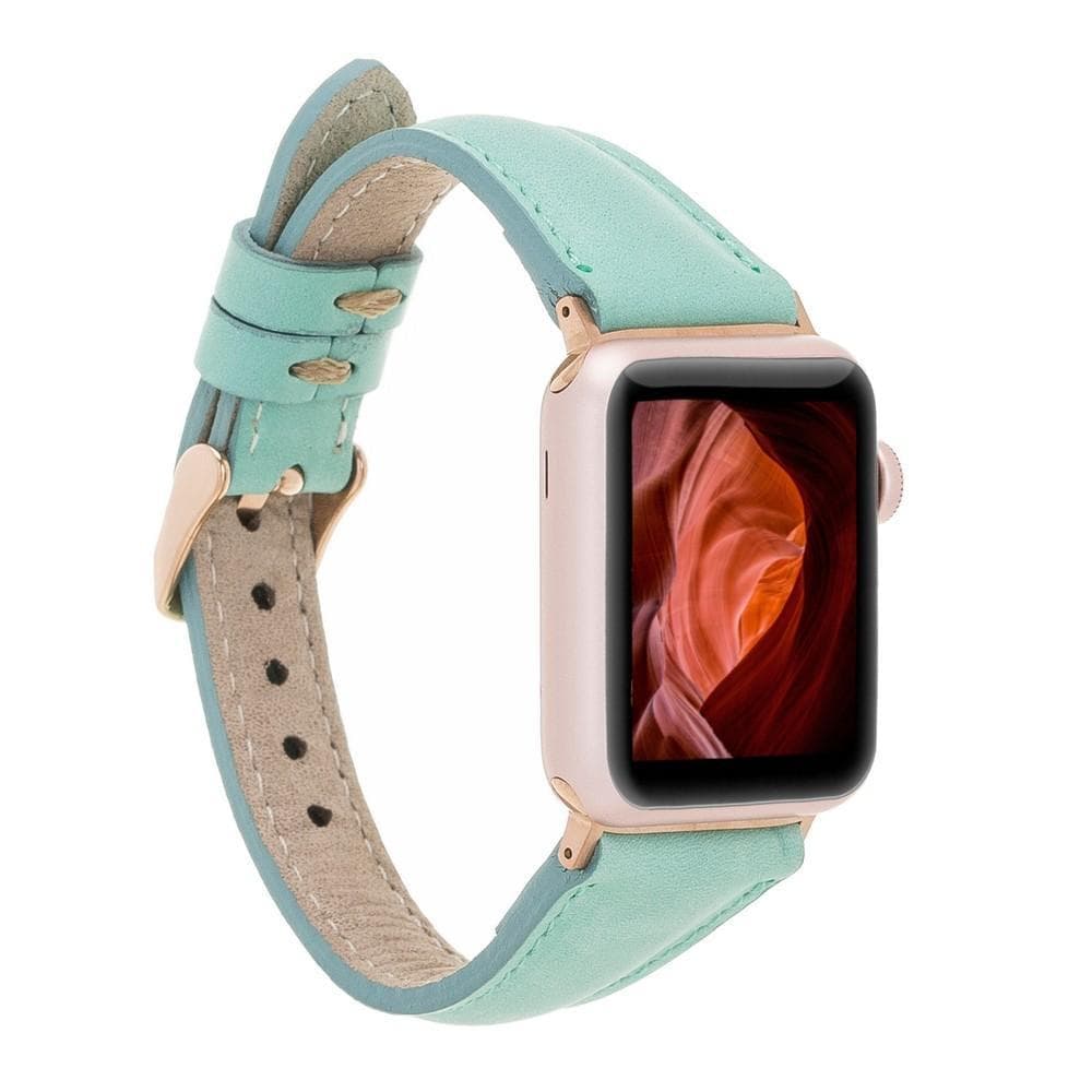Smartwatch with a light green leather strap on a white background