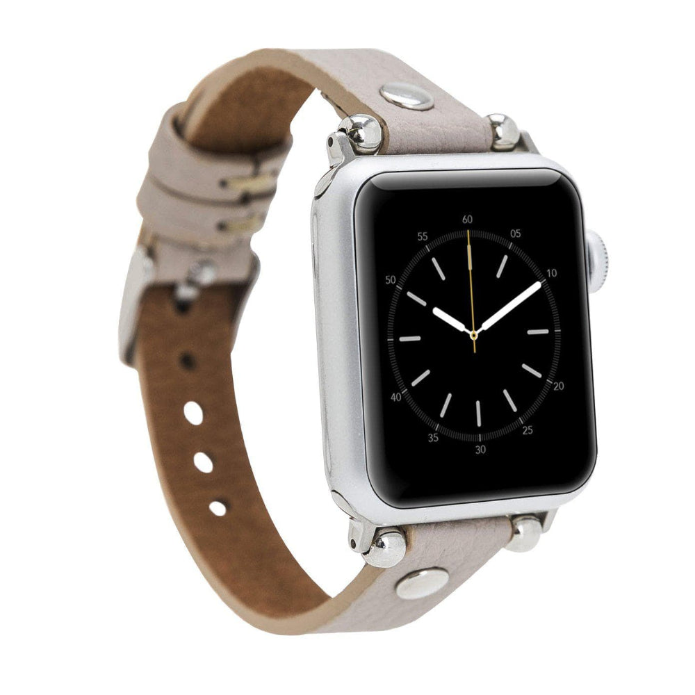 Smartwatch with a brown and beige leather strap on a white background
