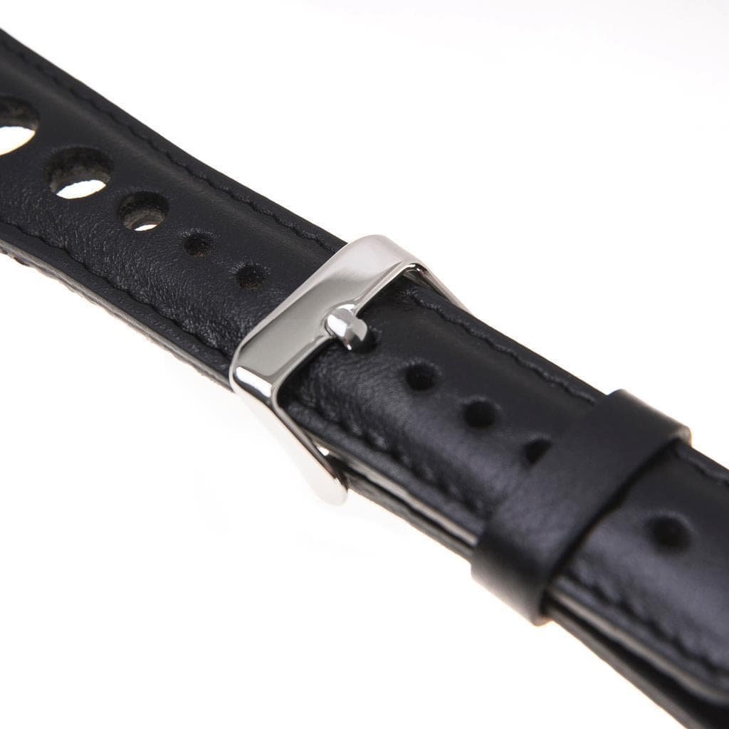 Black leather watch strap with silver buckle on a white background