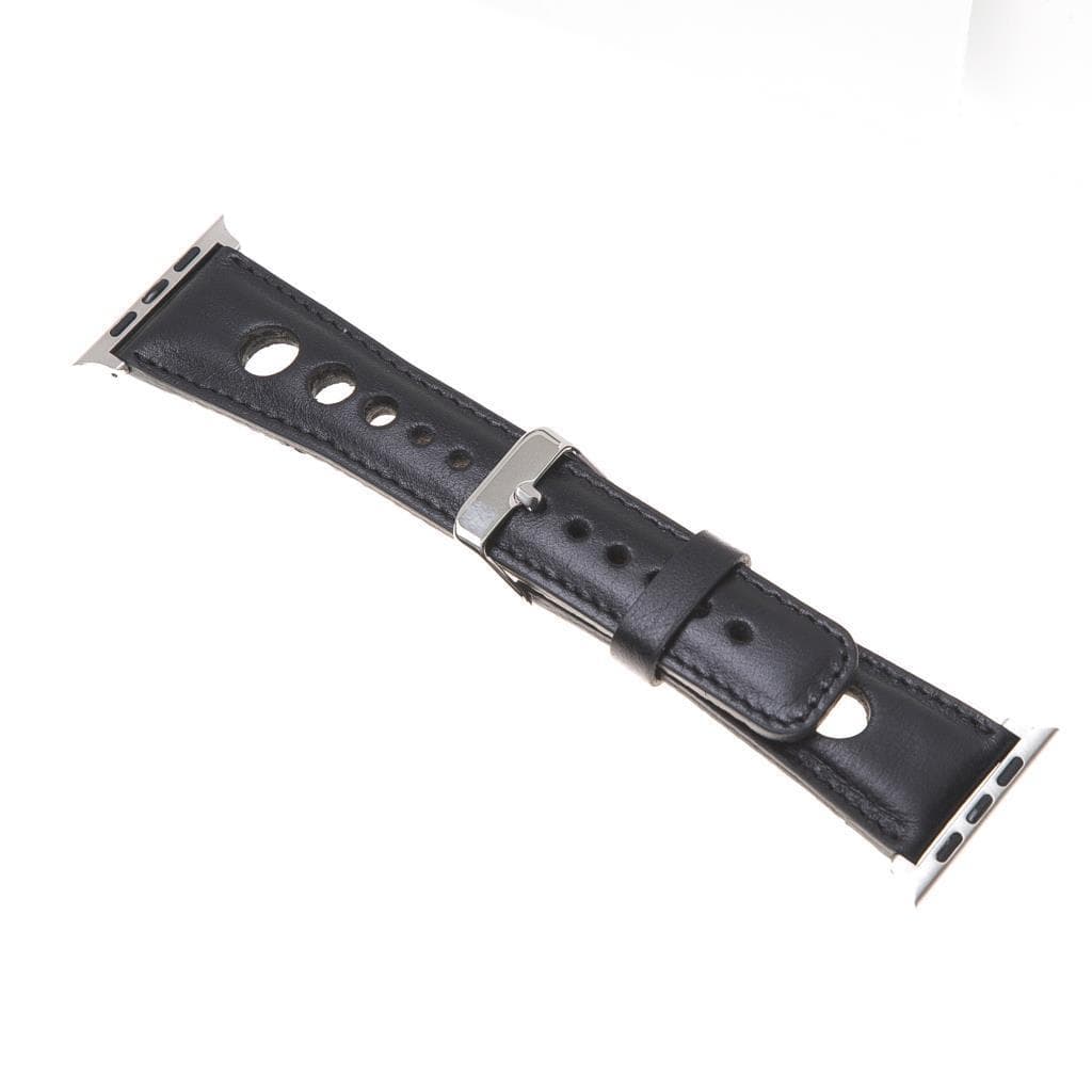 Black leather watch strap with silver metal clasp on a white background