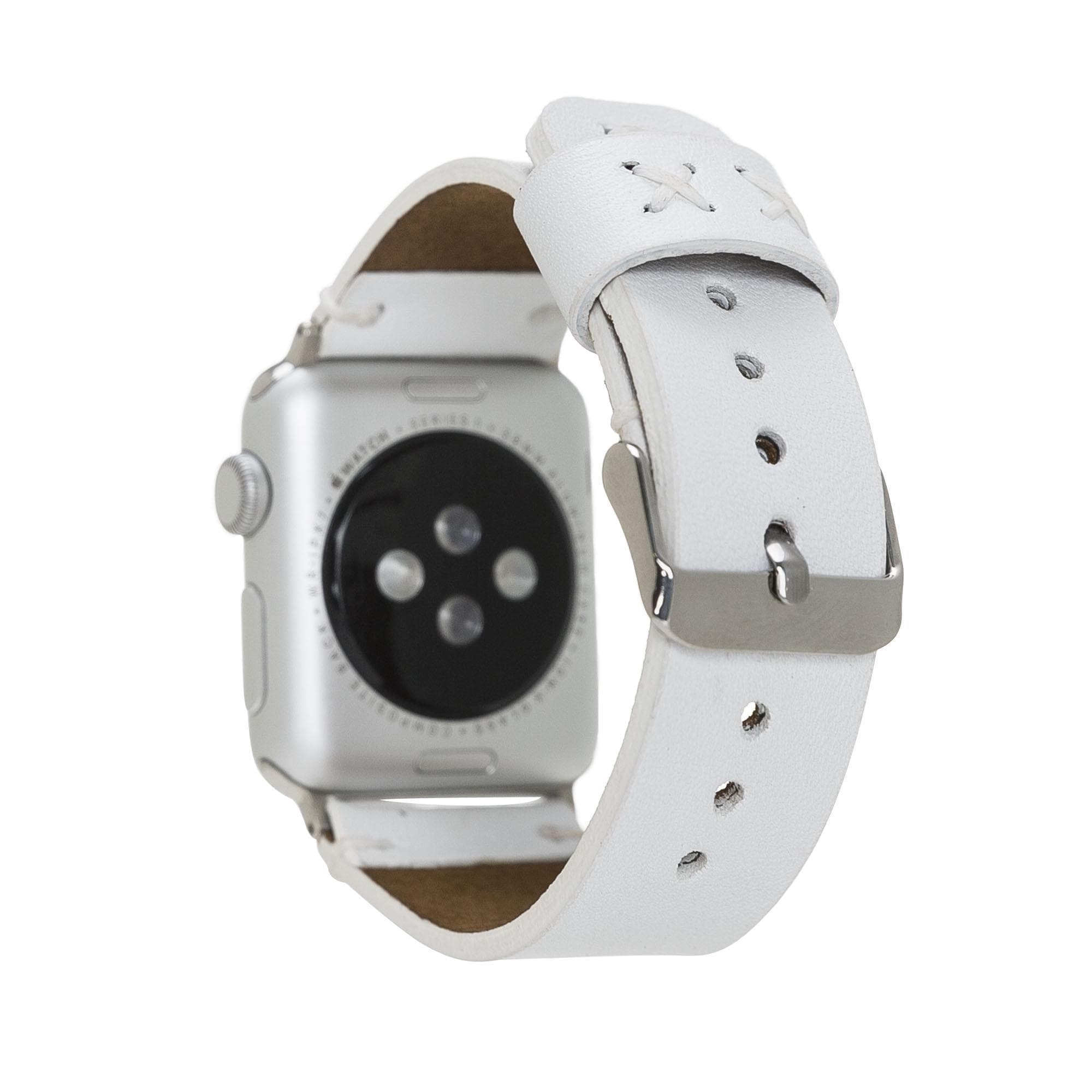 Smartwatch with a white leather strap on a white background