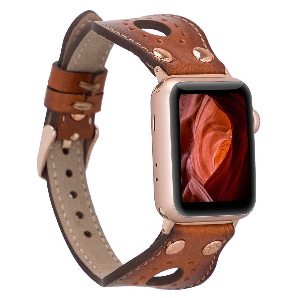 Genuine leather Apple Watch band with rose gold trok, compatible with all Apple Watch models