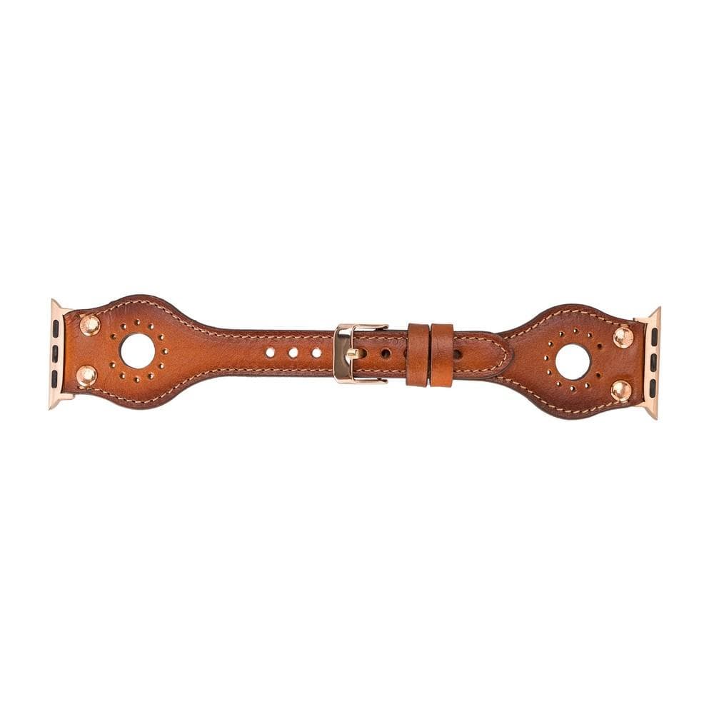 Brown leather bridle strap with gold hardware on a white background