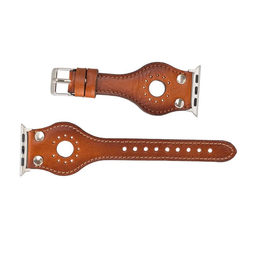 Brown leather watch strap with silver hardware on a white background