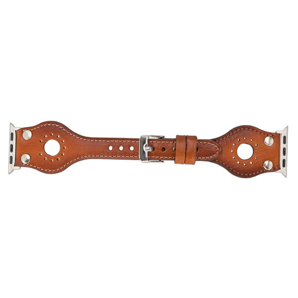 Brown leather Apple Watch band with silver metal clasp on a white background