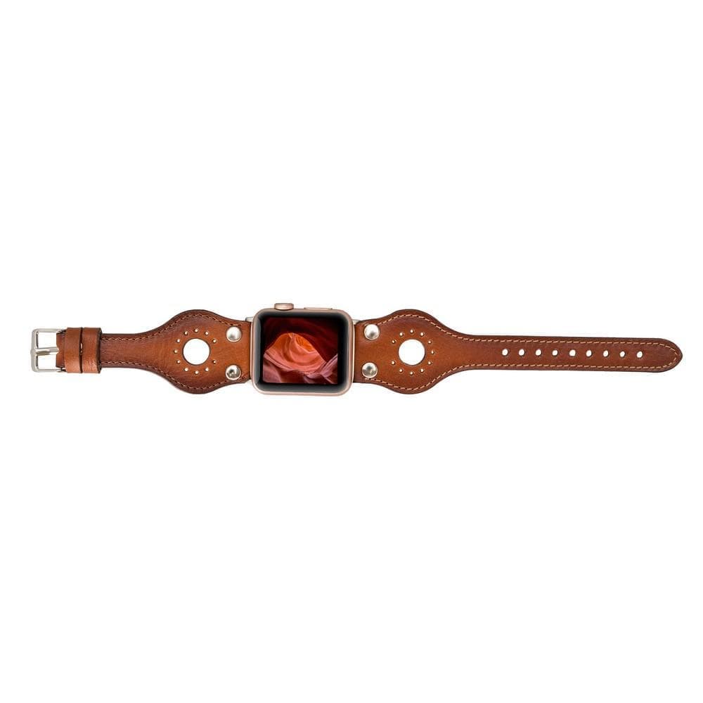 Smartwatch with a brown leather strap on a white background