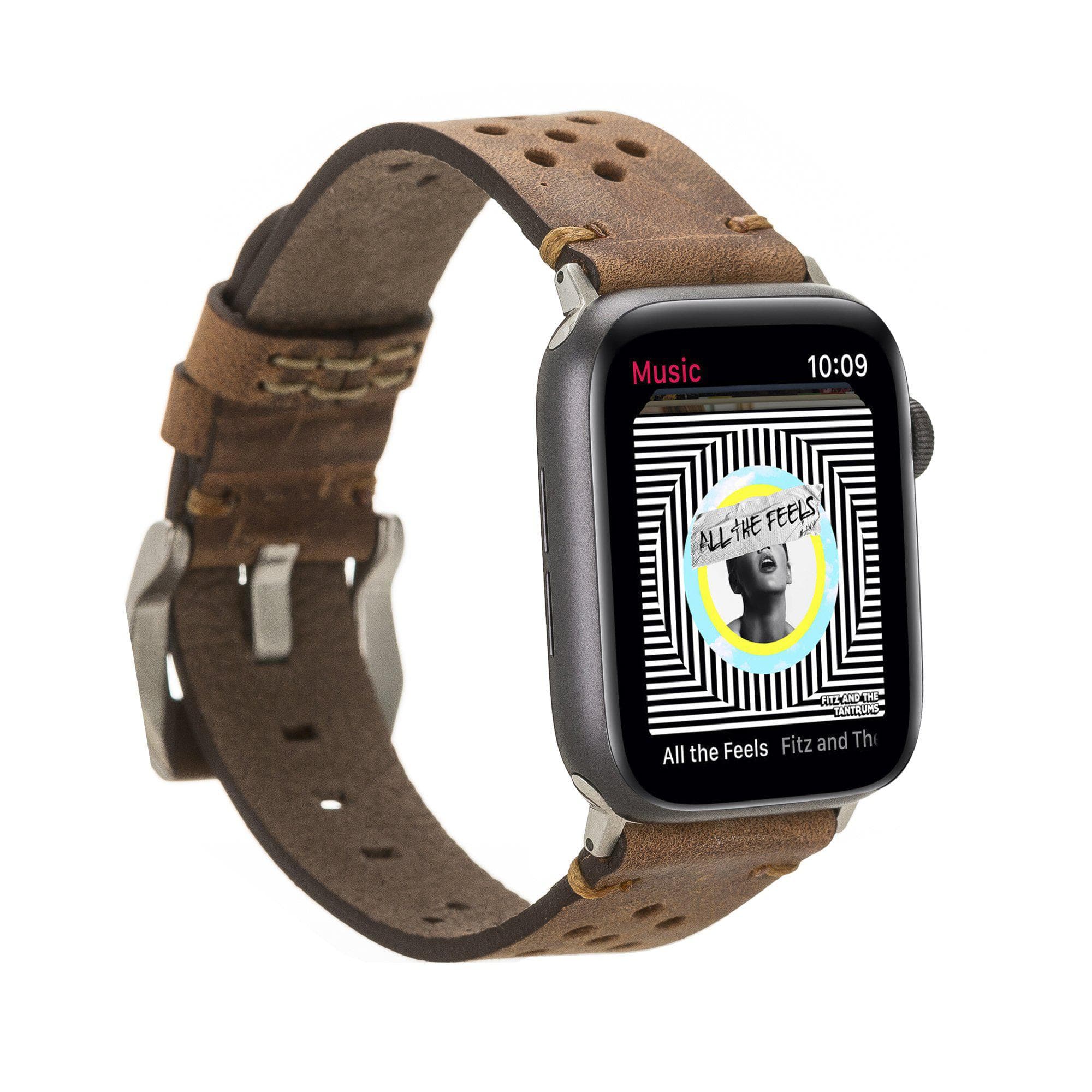 Smartwatch with a brown leather strap on a white background