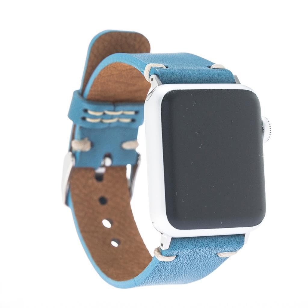 Smartwatch with a blue and brown leather strap on a white background