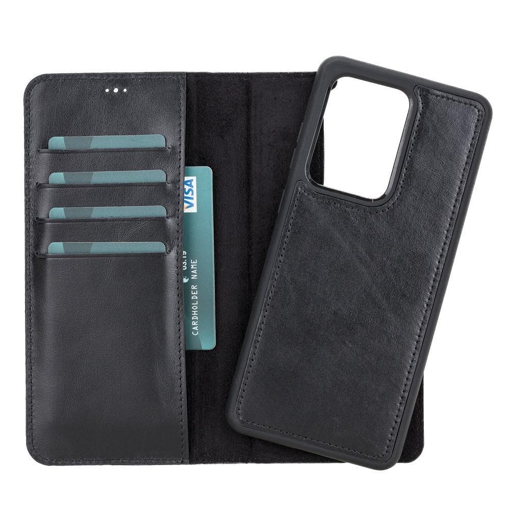 Black phone wallet case with card slots on a white background
