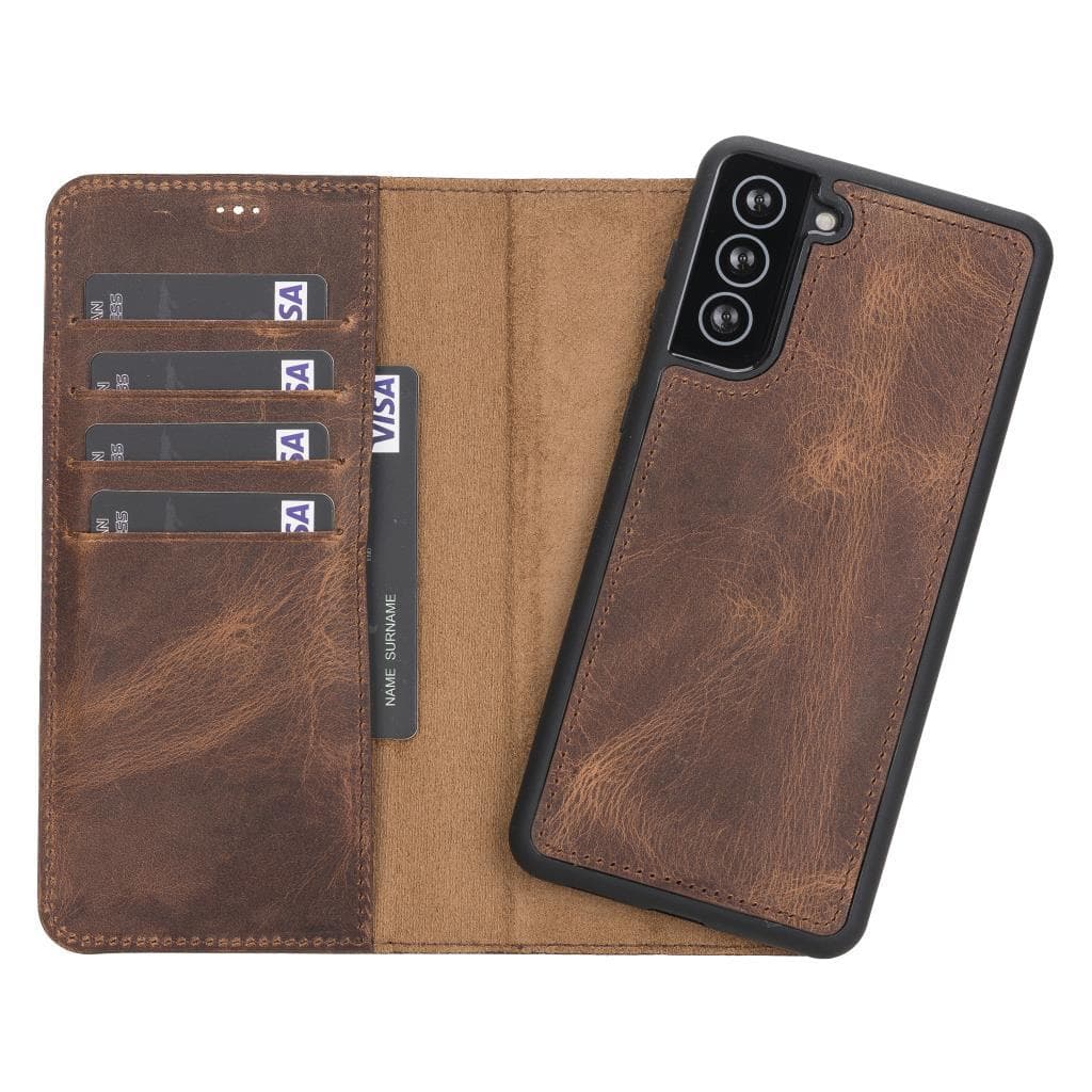Brown leather phone case with card slots and phone attachment on a white background